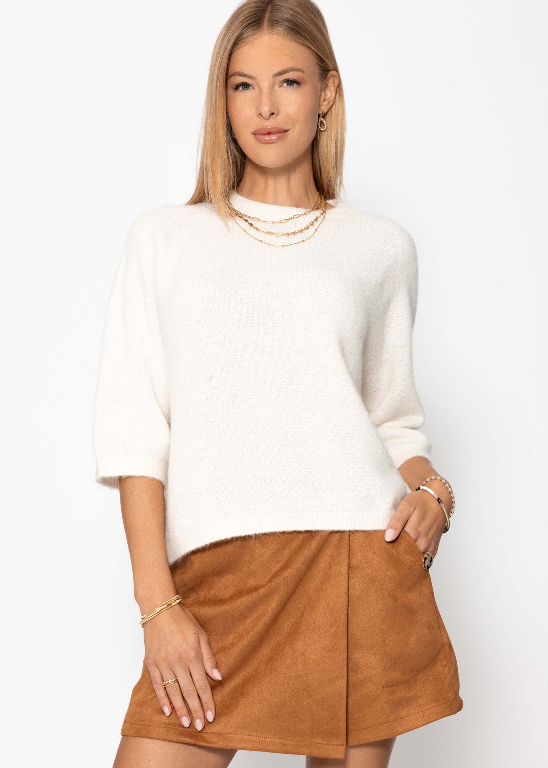 SASSYCLASSY Strickpullover Strickoberteil Set für Damen Weiche Tops mit halbangen Ärmeln und Runhalsausschnitt Taupe-Offwhite