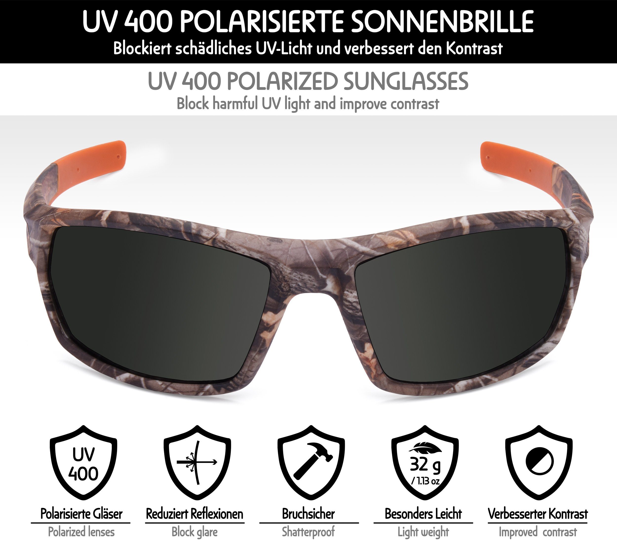 Outdooraktivitäten Polarisierte Brille Indoor- UV-Schutz Sonnengläser für Sonnenbrille BRUBAKER und Schwarz Camouflage mit
