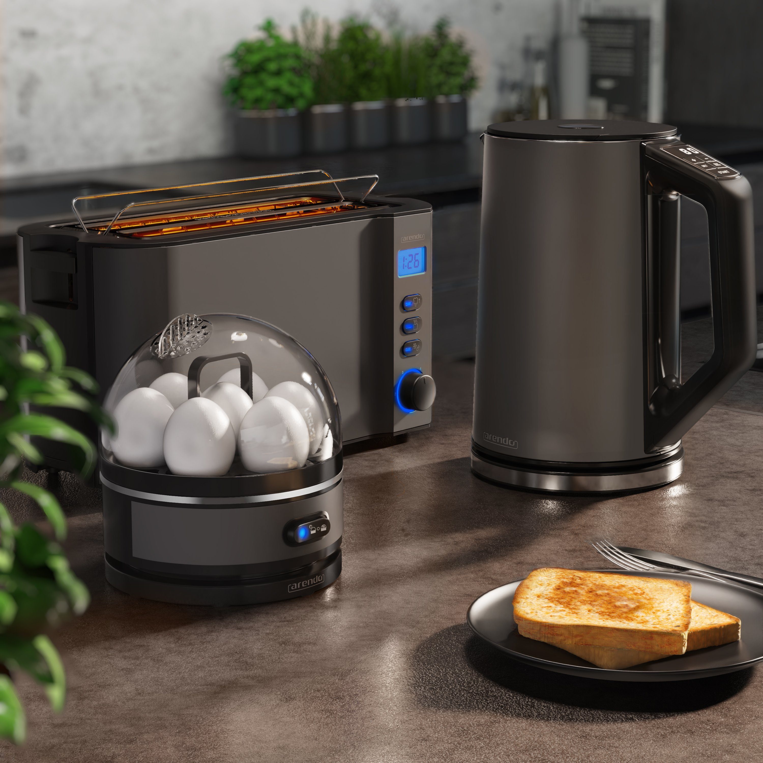 (3-tlg), Arendo Toaster, 1,5l, Eierkocher, 7er 4-Scheiben Frühstücks-Set Grau Wasserkocher