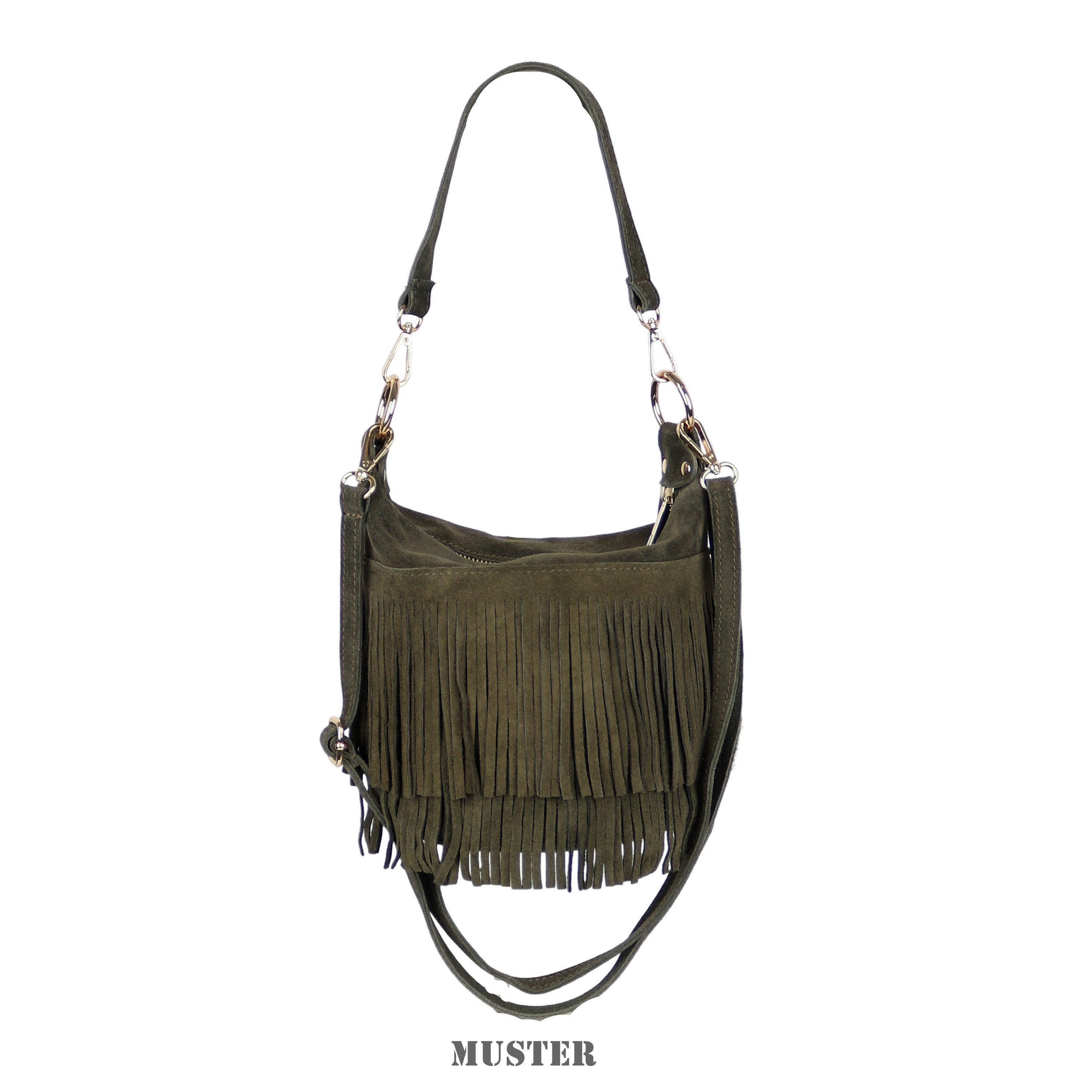 MIRROSI Umhängetasche Damen Tasche aus Echtleder Wildleder –mit Fransen ca.22x20x15 cm (Made in Itlay), Crossbody aus echtem Leder, mit 2 Riemen – Bild 4 von 4