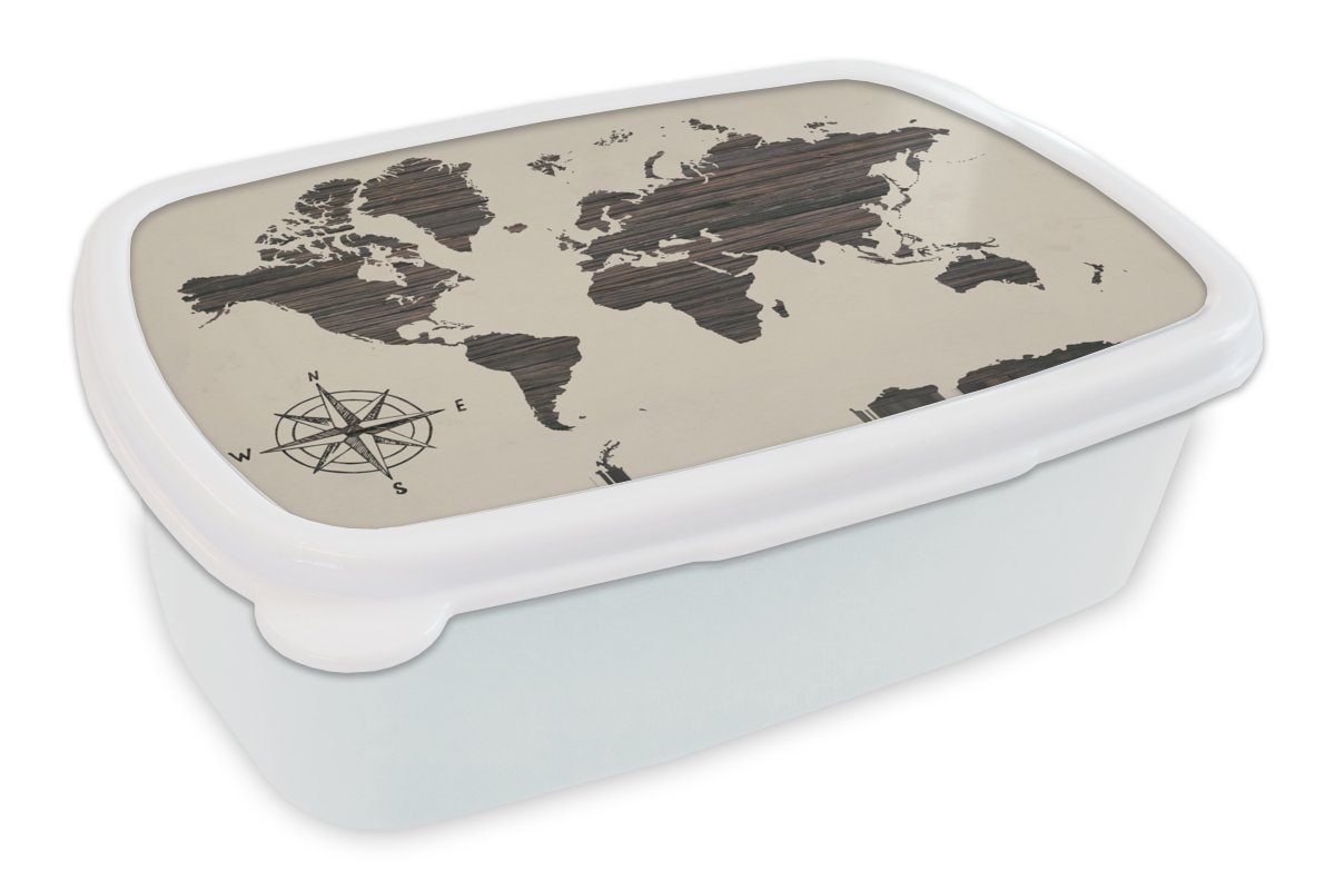 Mädchen - Jungs Holz (2-tlg), Lunchbox Brotbox weiß MuchoWow Erwachsene, Weltkarte für - Brotdose, und für und Kunststoff, Kinder Kompassrose,