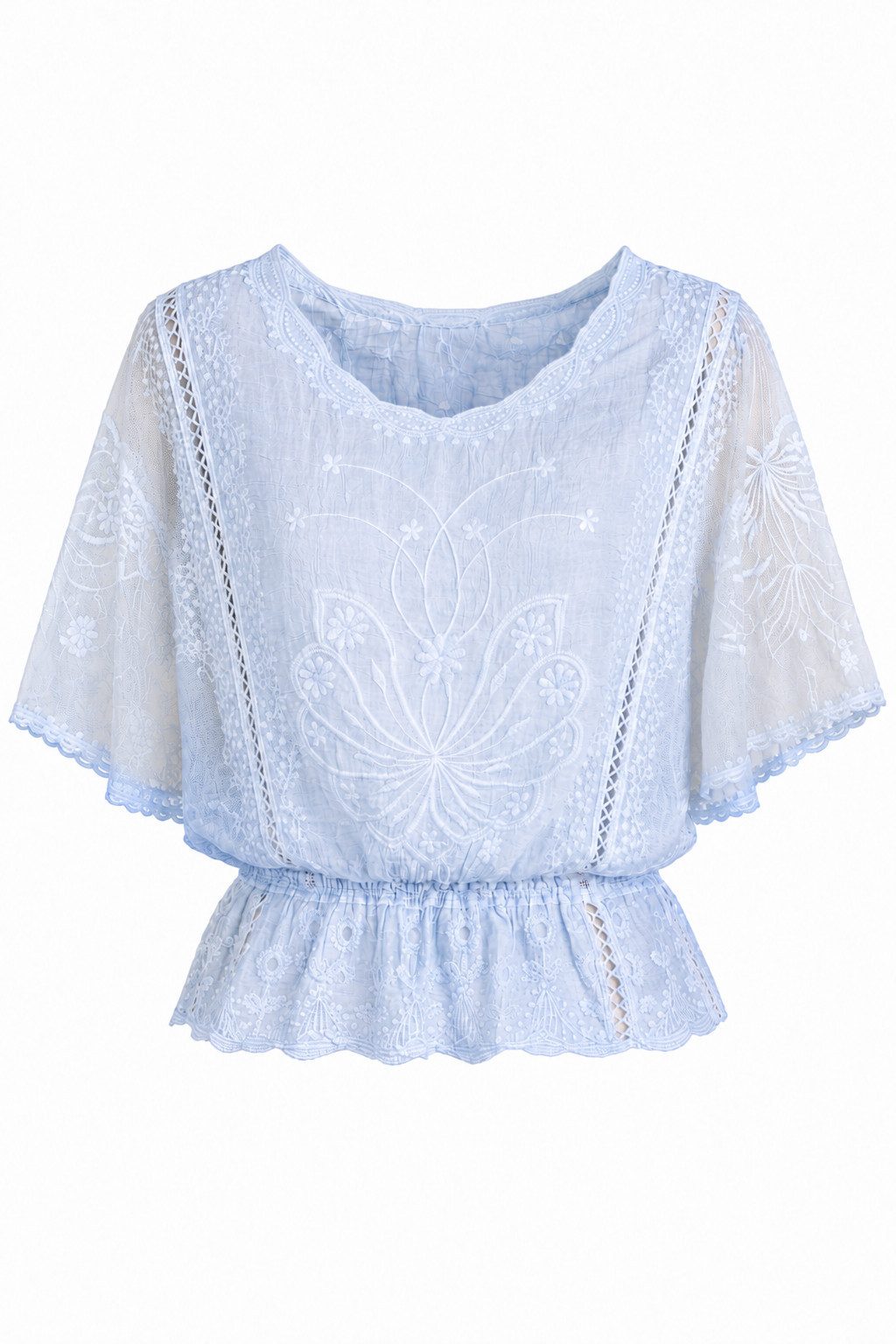 ITALY VIBES Spitzenbluse - Damen Spitzenbluse mit Lochstickerei, Boho Sommerbluse, Kurzarm ONE SIZE, passend für Größe XS bis L