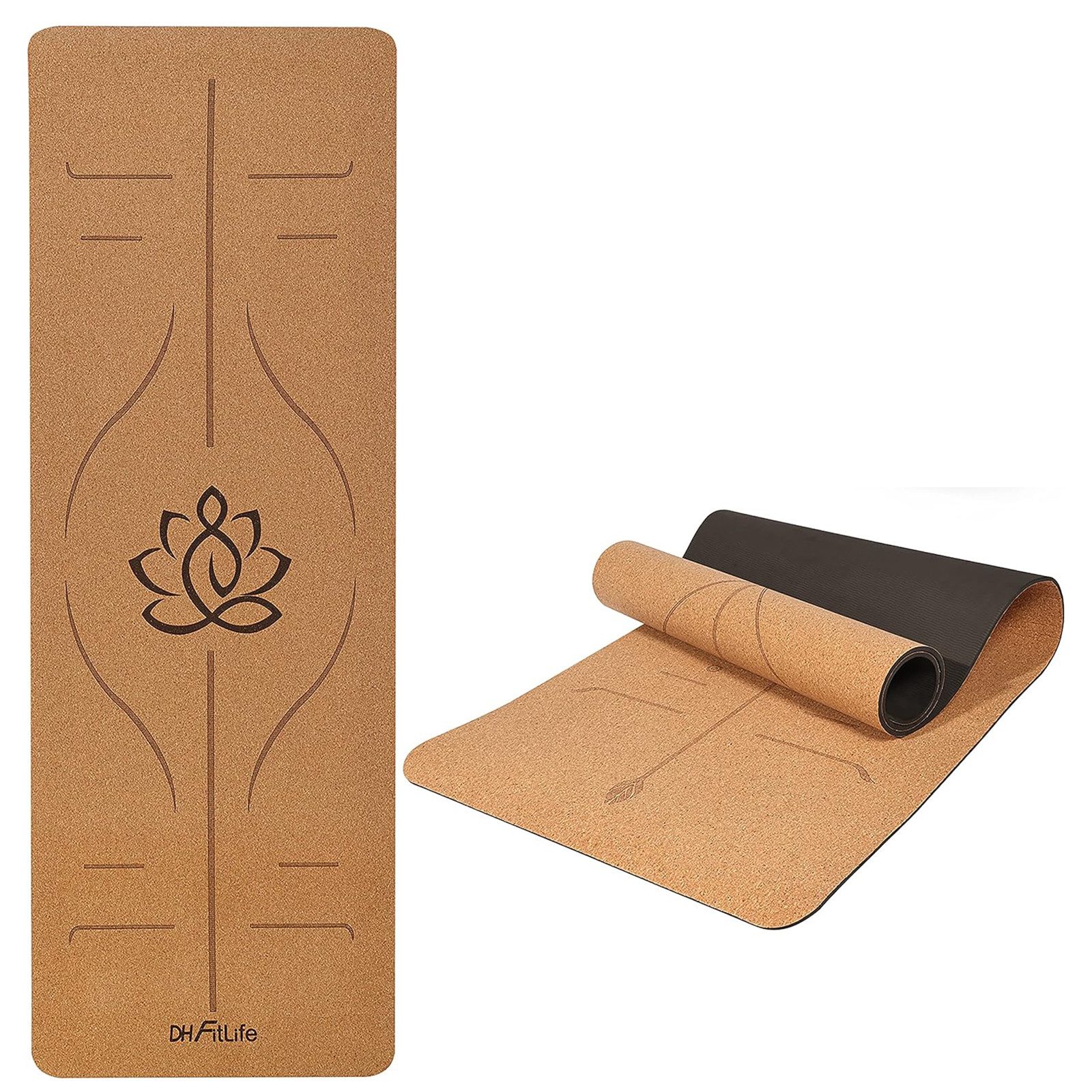 DH FitLife Yogamatte aus hochwertigem Kork & TPE, Gymnastikmatte 183 x 61 x 0,6 cm (naturfreundliche und rutschfeste Fitnessmatte, Korkmatte dicker mit Orientierungslinien), hautverträglich, leicht und tragbar