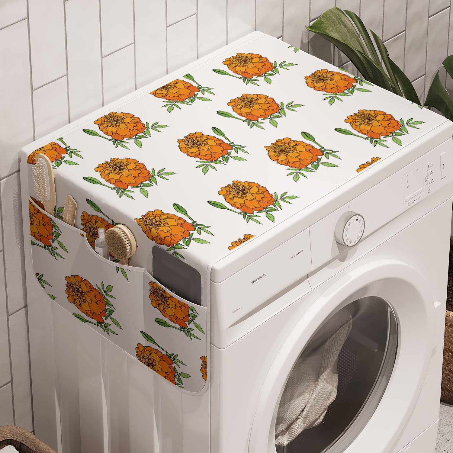 Abakuhaus Badorganizer Anti-Rutsch-Stoffabdeckung für Waschmaschine und Trockner, Blumen Tagetes oder Ringelblumen