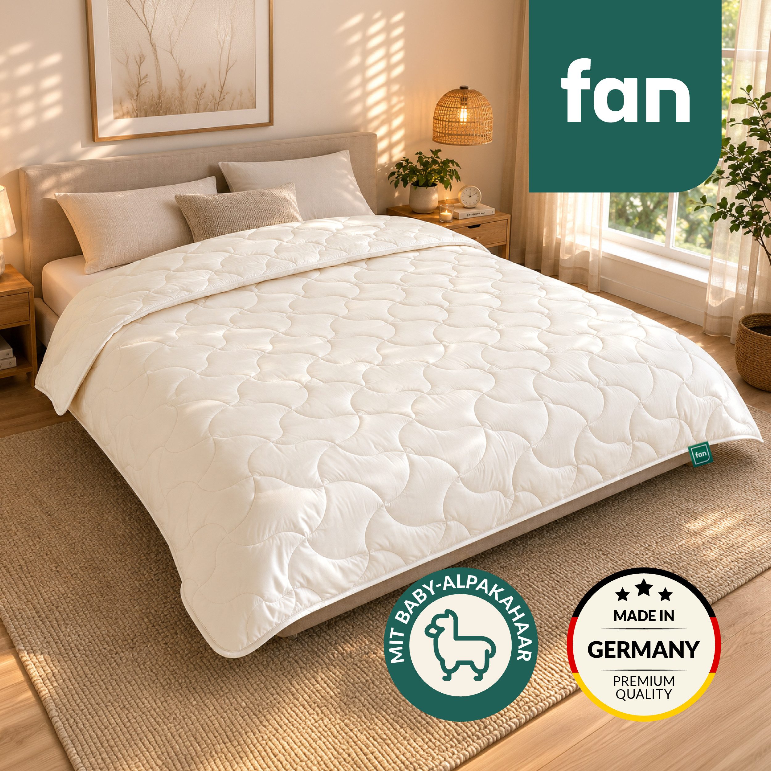 fan Naturhaarbettdecke Baby Alpaka, Bettdecke in 135x200 und weiteren Größen erhältlich, Füllung: 97% Alpaka & 3% sonstige Faser, Bezug: Bio-Baumwolle, Bettdecke aus Naturhaar hergestellt in Deutschland