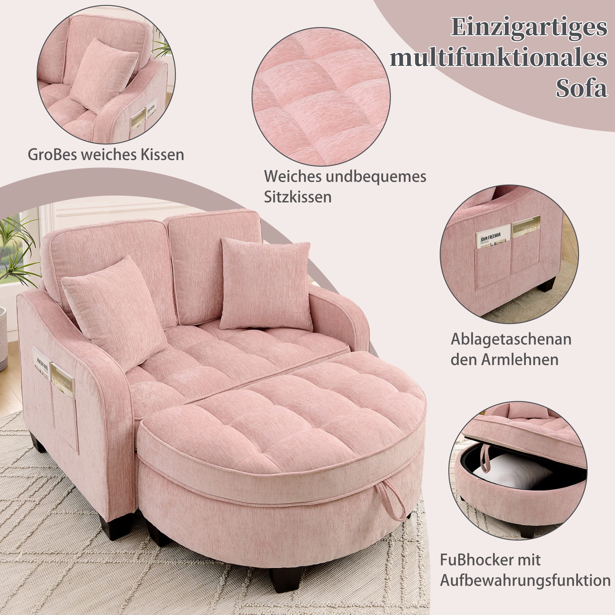 Odikalo Schlafsofa Multifunktionales Platzsparend 3-in-1 Sofa-Bett Aufbewahrungs-Hocker, mit Schlaffunktion und Stauraum, 3-in-1-Sofa mit Liegefunktion – Bild 4 von 5