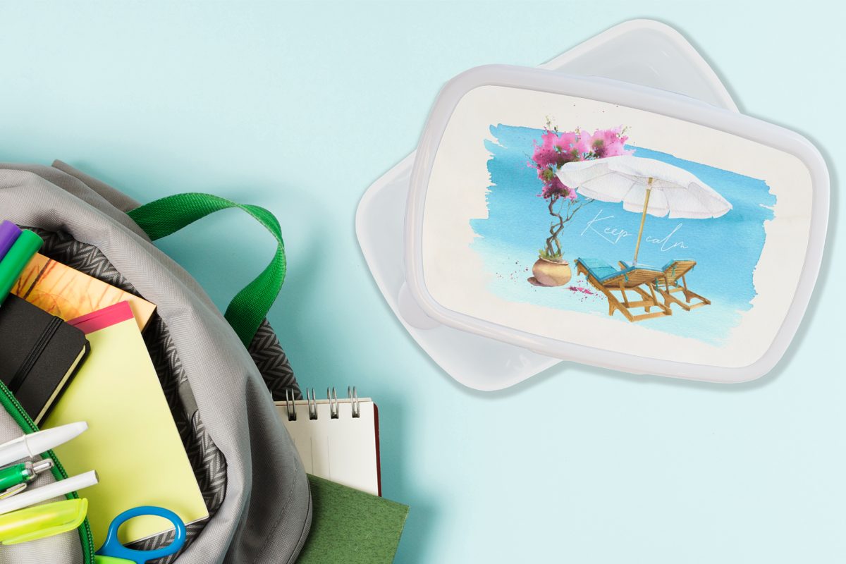MuchoWow Lunchbox Strandkorb - Blumen für weiß Brotbox - für Kinder (2-tlg), und Sonnenschirm Jungs und - Brotdose, Kunststoff, Aquarell, Mädchen Erwachsene