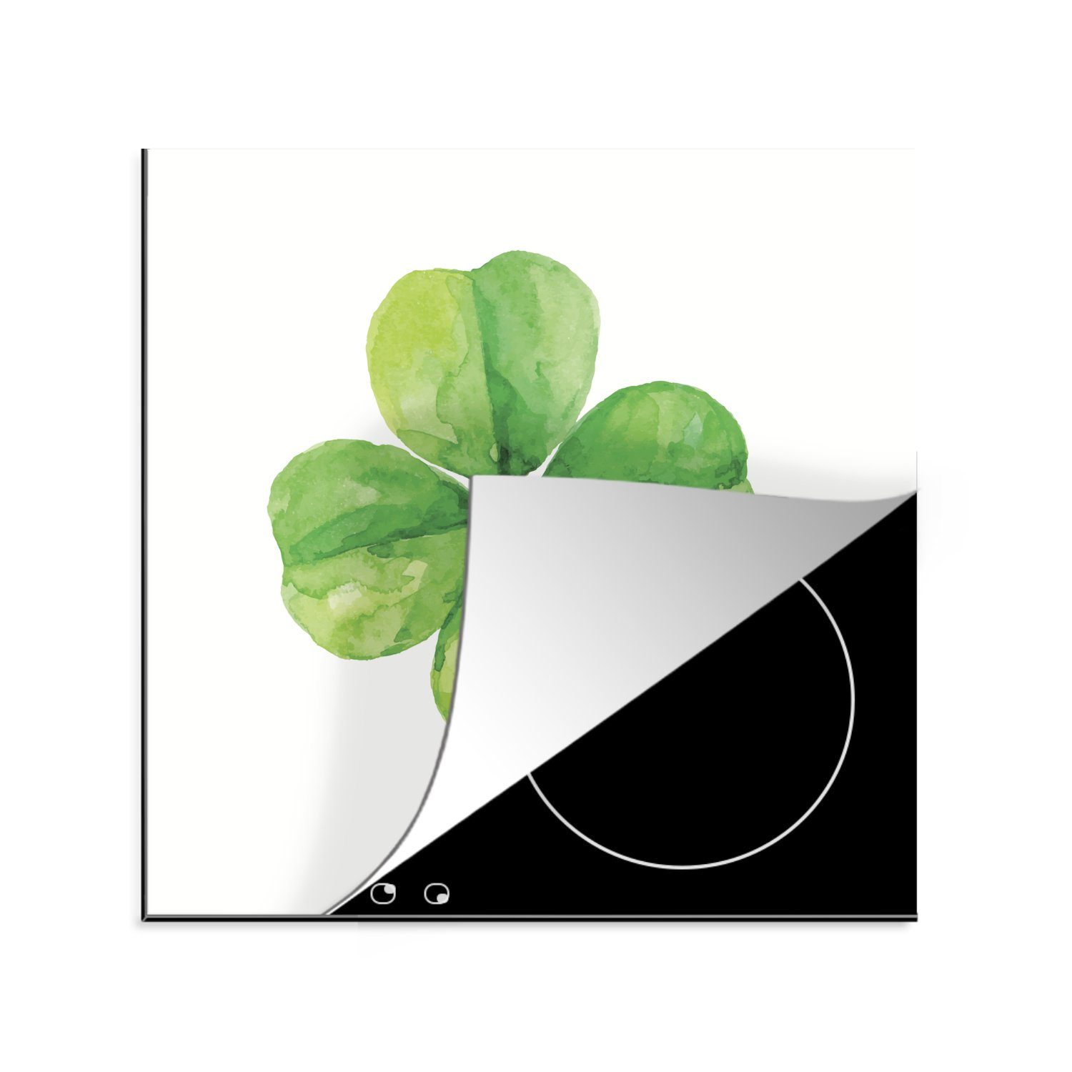 küche Herdblende-/Abdeckplatte - Kleeblatt tlg), - für Arbeitsplatte Grün, Ceranfeldabdeckung, Vierblättriges 78x78 (1 Aquarell cm, Vinyl, MuchoWow