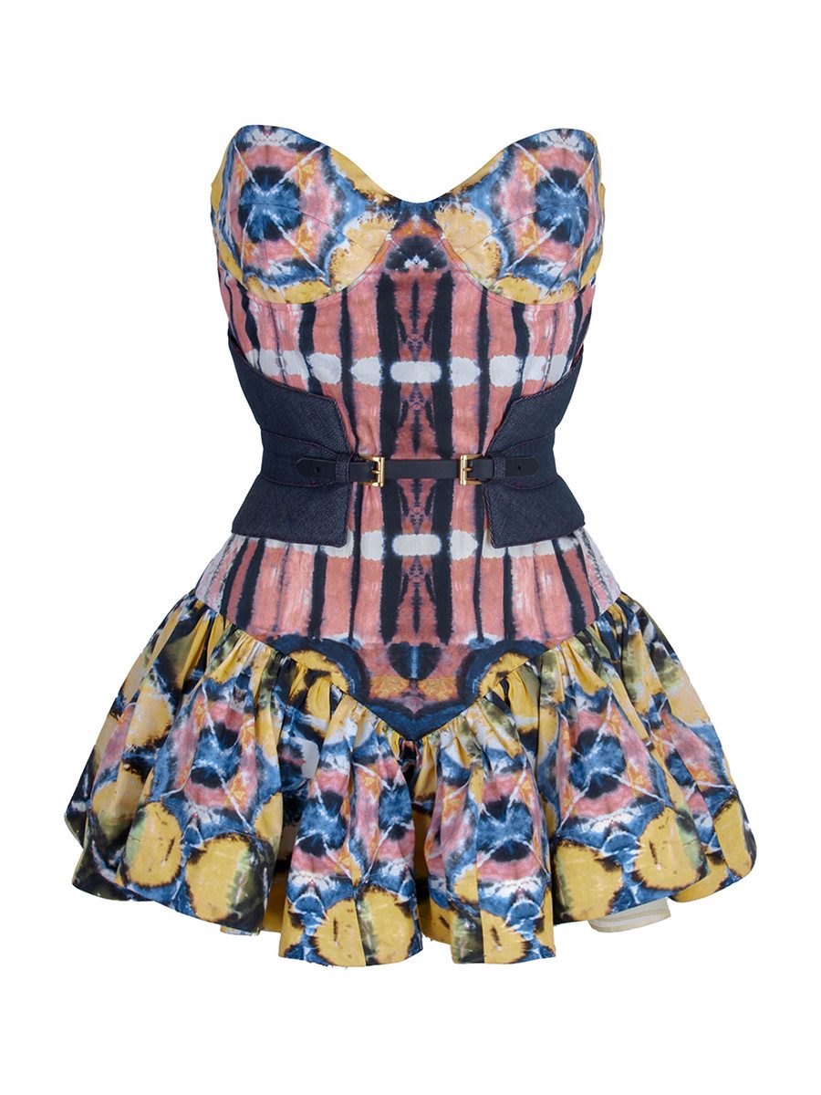 RUA & RUA Cocktailkleid Mini Corsetkleid mit Drapérock und Denim-Corsettgürtel (2-tlg) Rückseitiger Reißverschluss für perfekte Passform