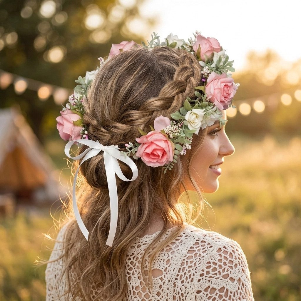 H-basics Stirnband Blumenkranz Boho Kunstblumen Rosa Hochzeit Braut naturgetreue Kunstblumen
