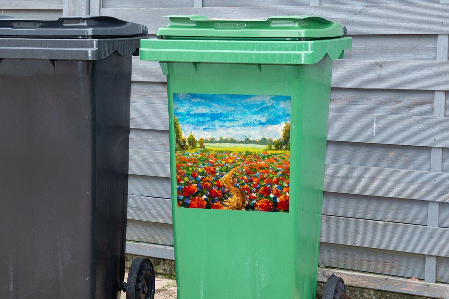 MuchoWow Wandsticker Malerei Sticker, (1 St), Ölfarbe Mülltonne, Blumen - Abfalbehälter Container, - Natur - Mülleimer-aufkleber