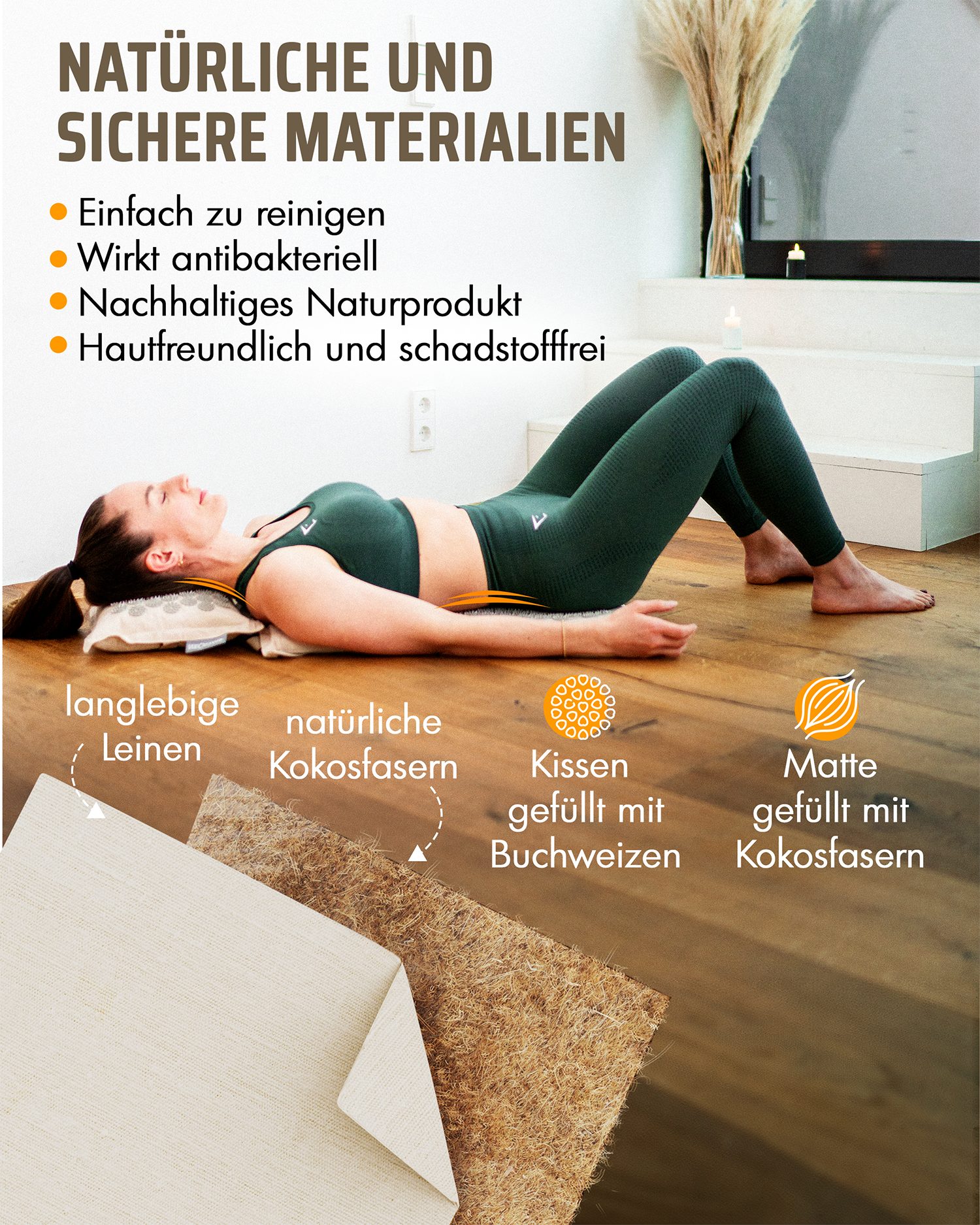 NEOLYMP Akupressurmatte Akupunkturmatte 100% Leinen, Kokosfaserfüllung, Buchweizen (Akupressur matte Akupressurkissen Baumwolldecke, Akupressurmatte, Akupressurkissen, Baumwolldecke), 8000 Druckpunkte, Nagelmatte inkl. Eingewöhnungsdecke, Klettverschluss