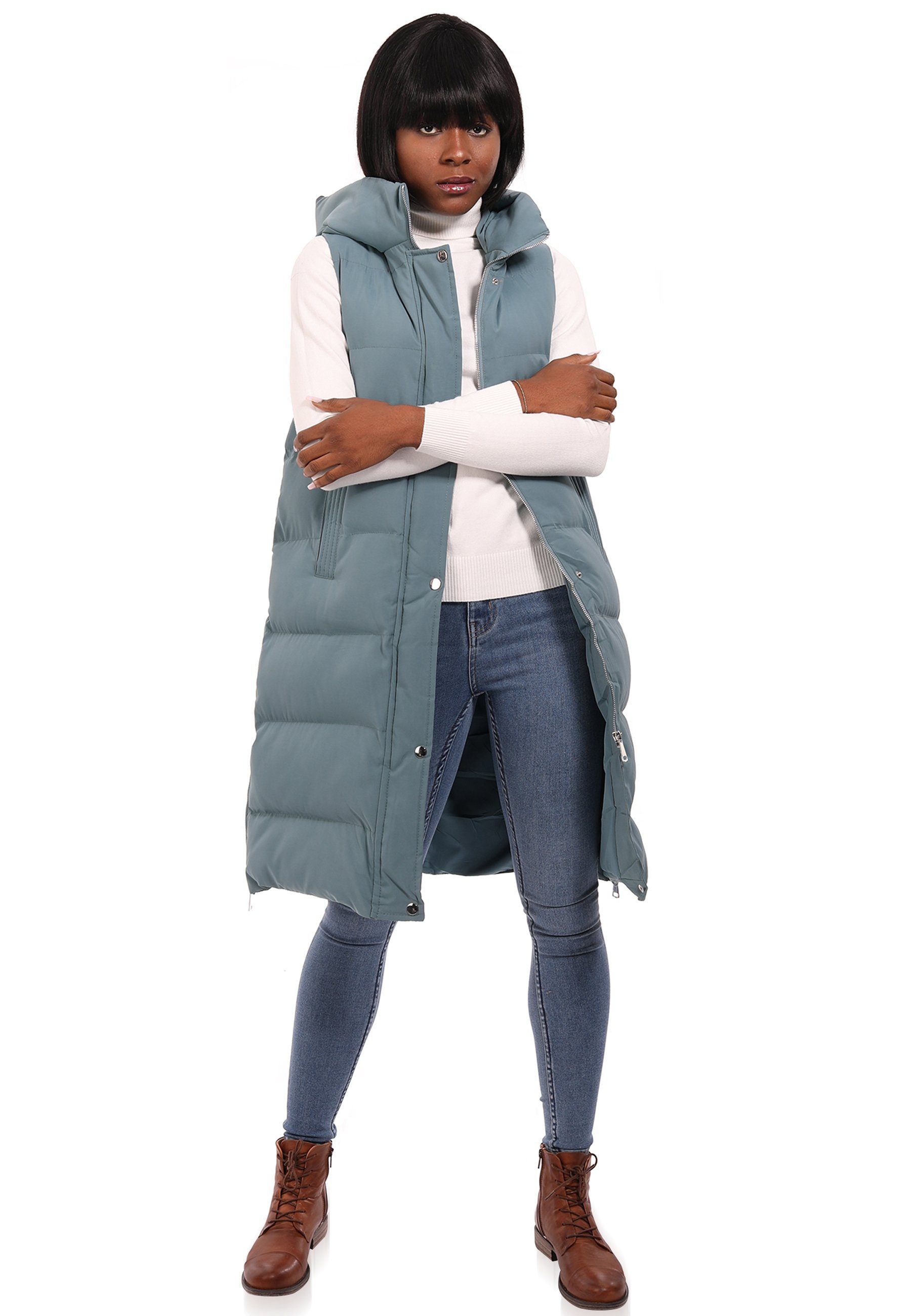 YC Fashion & Style Longweste Steppweste mit Kapuze in sportivem Look (Kein Set, 1 -tlg) in Unifarbe
