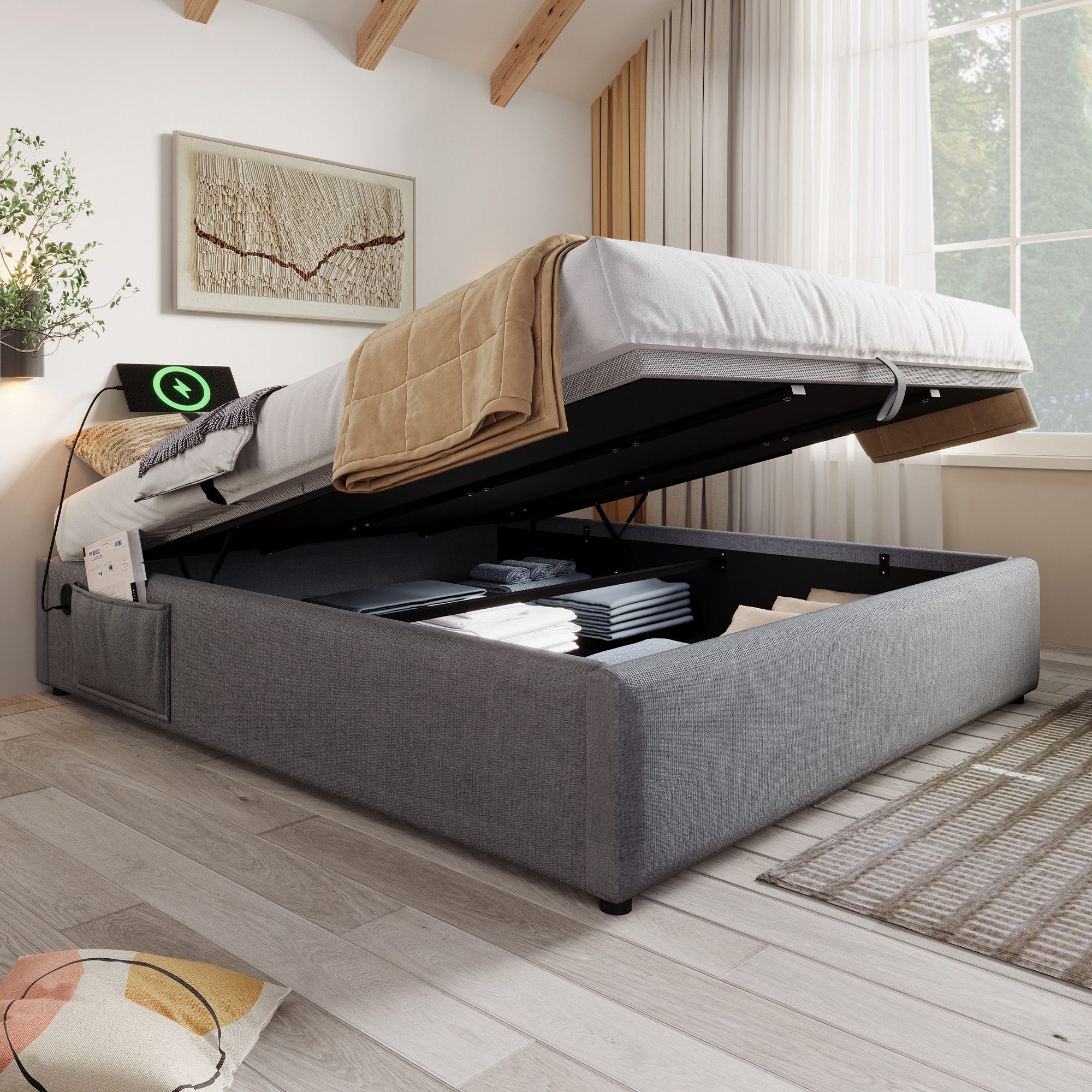 REDOM Polsterbett Ohne Kopfteil (Funktionsbett, Struraumbett Hydraulisch mit Bettkasten, 2-tlg., 160x200 cm, mit Matratze), mit USB- C, Seitentasche und Vollflächiger Lattenrost
