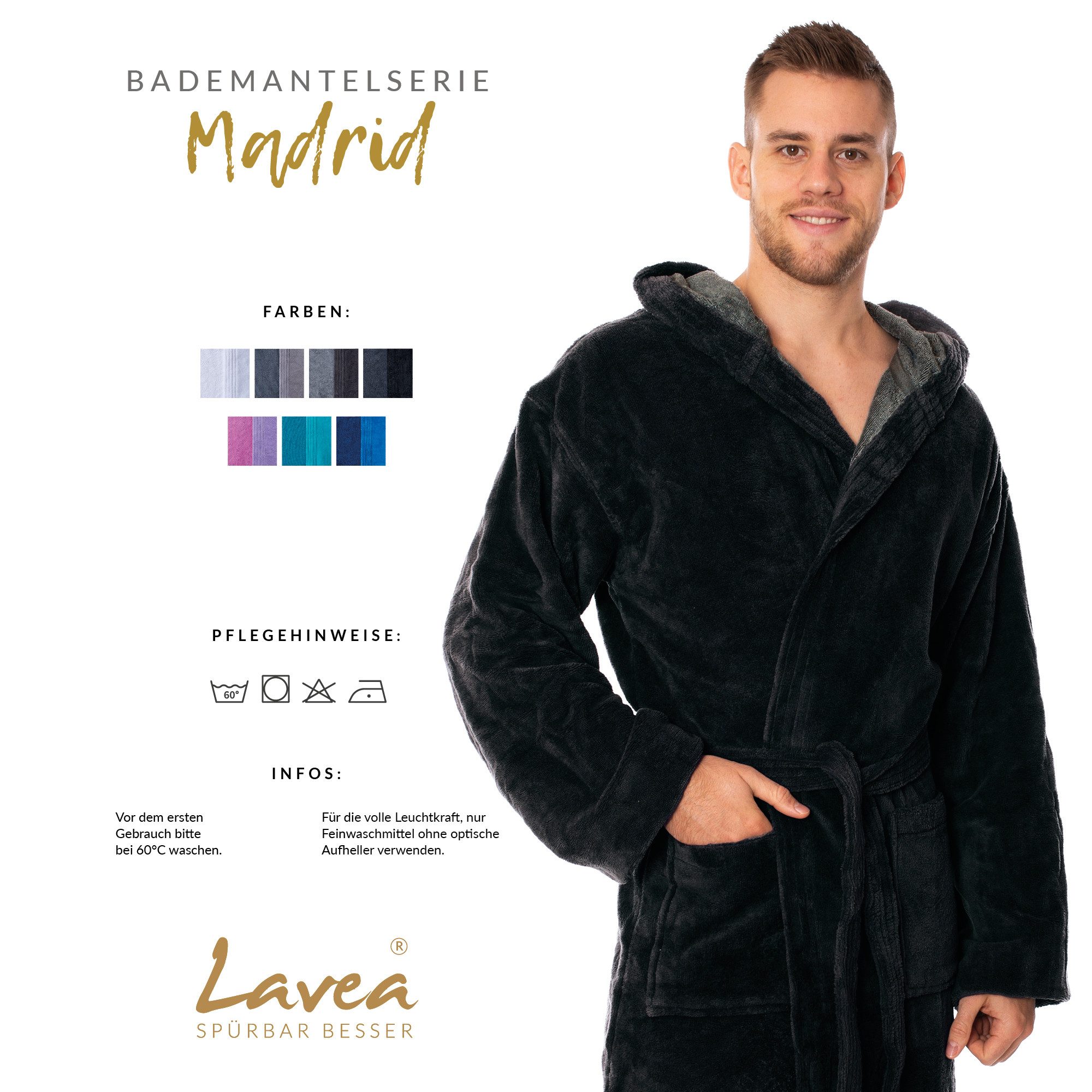 Lavea Bademantel Damen und Herren, Unisex Morgenmantel Madrid mit Kapuze, Lang, 40 % Polyester, 30 % Baumwolle, 30 % Viskose, Bindegürtel aus Soft-Velour, pflegeleicht, hautfreundlich und saugstark, Sauna & Wellness
