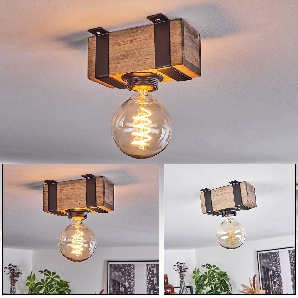 hofstein Deckenleuchte moderne Deckenlampe aus Metall /Holz in Schwarz/Natur, ohne Leuchtmittel, im Industrial-Style, Retro/Vintage-mit Holzbalken, E27-Fassung.