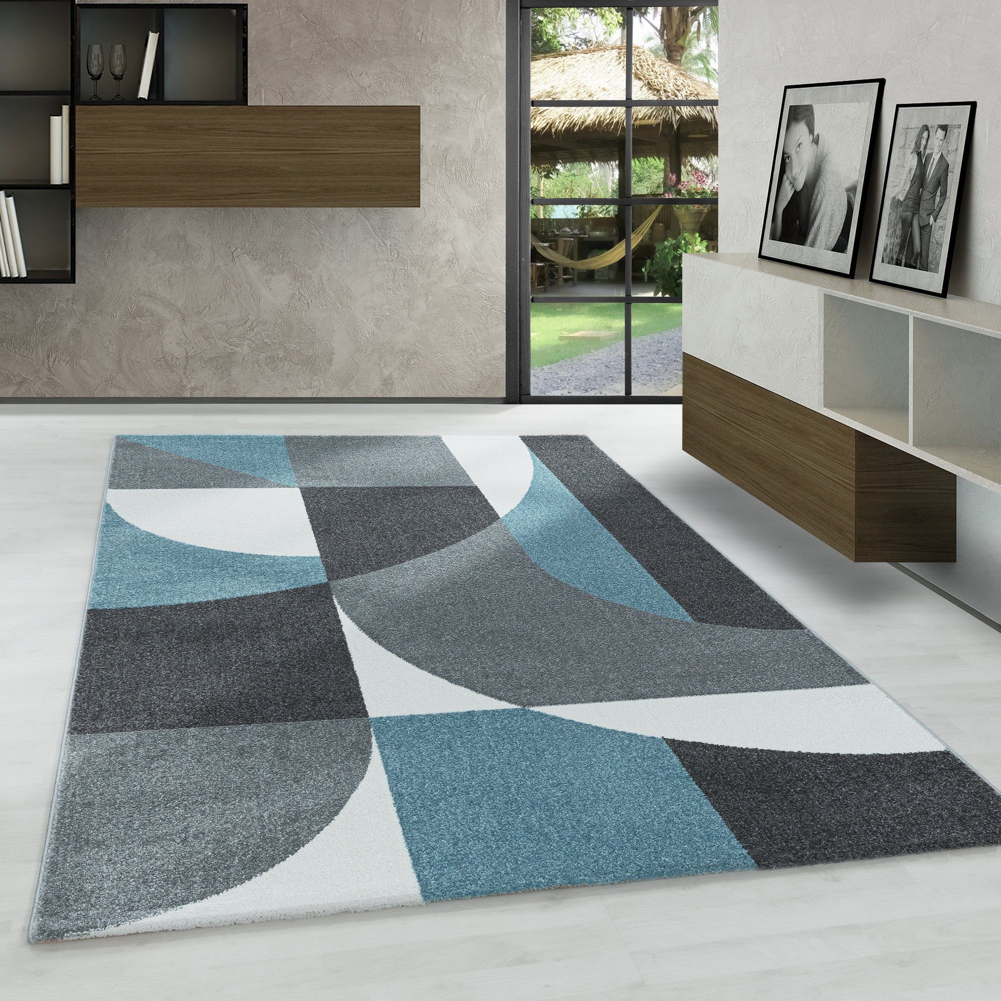 Blau Design, Geometrisch Carpetsale24, Frisé-Teppich Design Wohnzimmer Geometrisch mm, Teppich Teppich Läufer, Höhe: 10 Stil Kurzflor