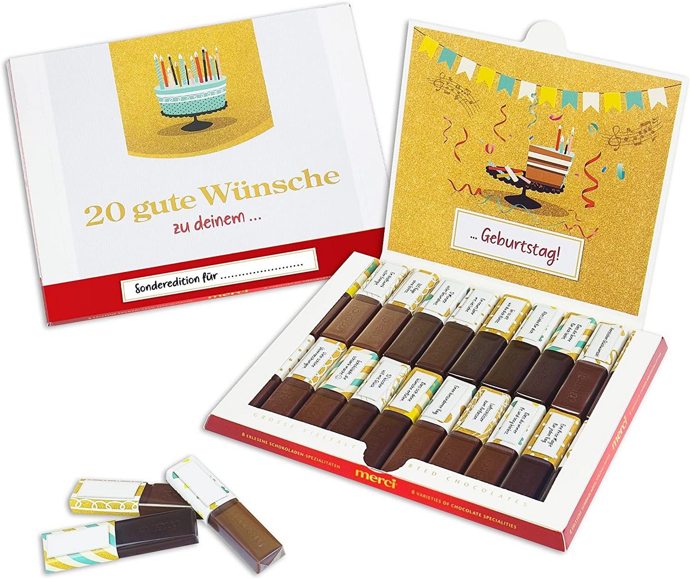 SURPRISA Aufkleber Aufkleber Set personalisierte Sticker für Merci Schokolade, individuelles Geschenk, 20 gute Wünsche zum Geburtstag