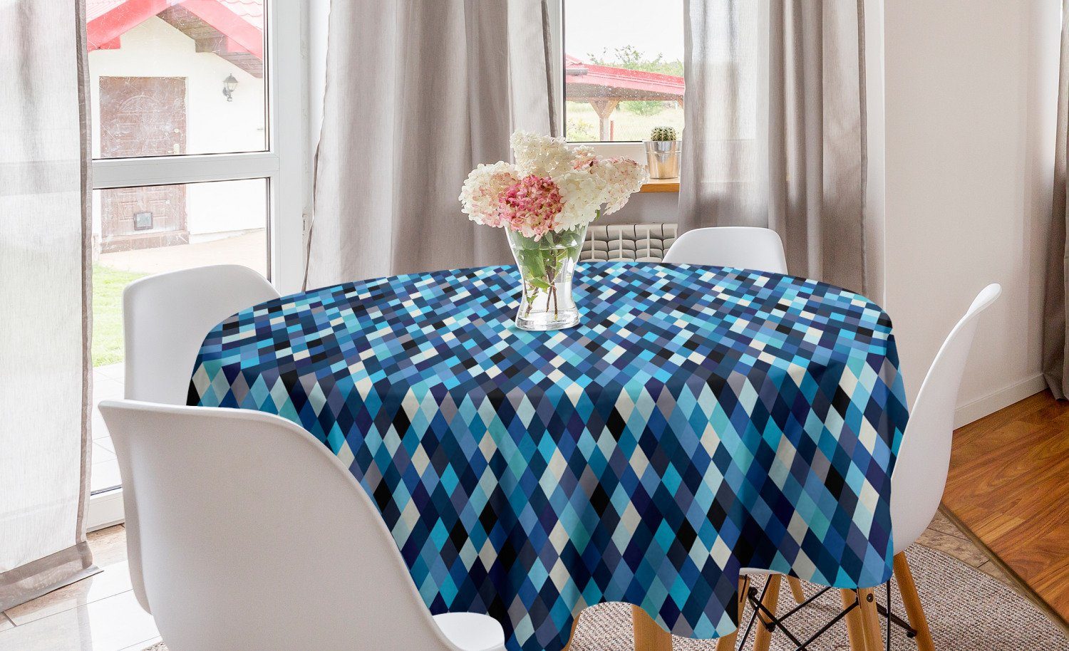Abakuhaus Tischdecke Kreis Tischdecke Abdeckung für Esszimmer Küche Dekoration, Bunt Blau getönte Hexagons | Tischdecken