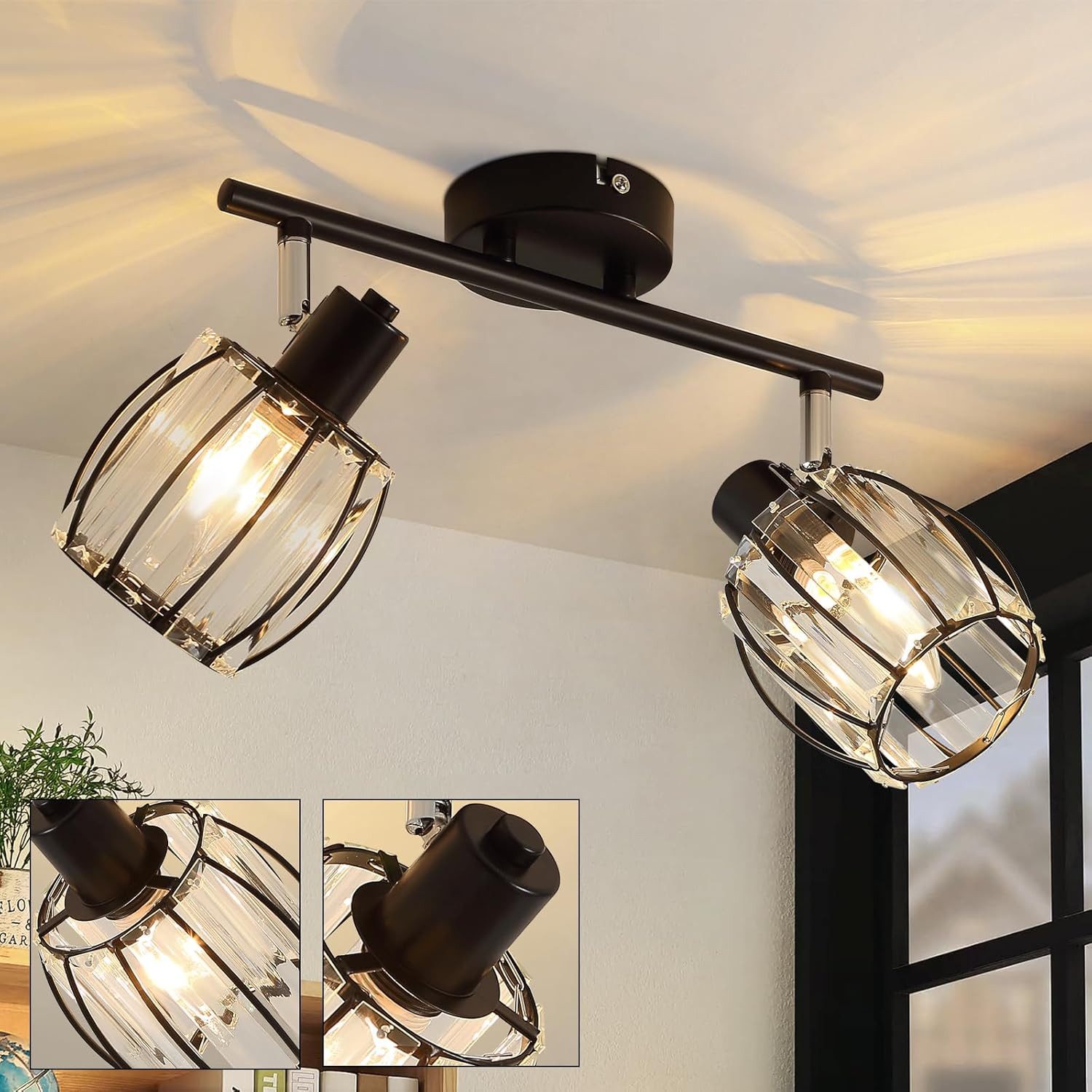 Nettlife Deckenstrahler Kristall Vintage Industrial Deckenspot Schwarz E14 350° schwenkbar, LED wechselbar, Retro Прожекторы Industrial Flurlampe für Flur Hotel