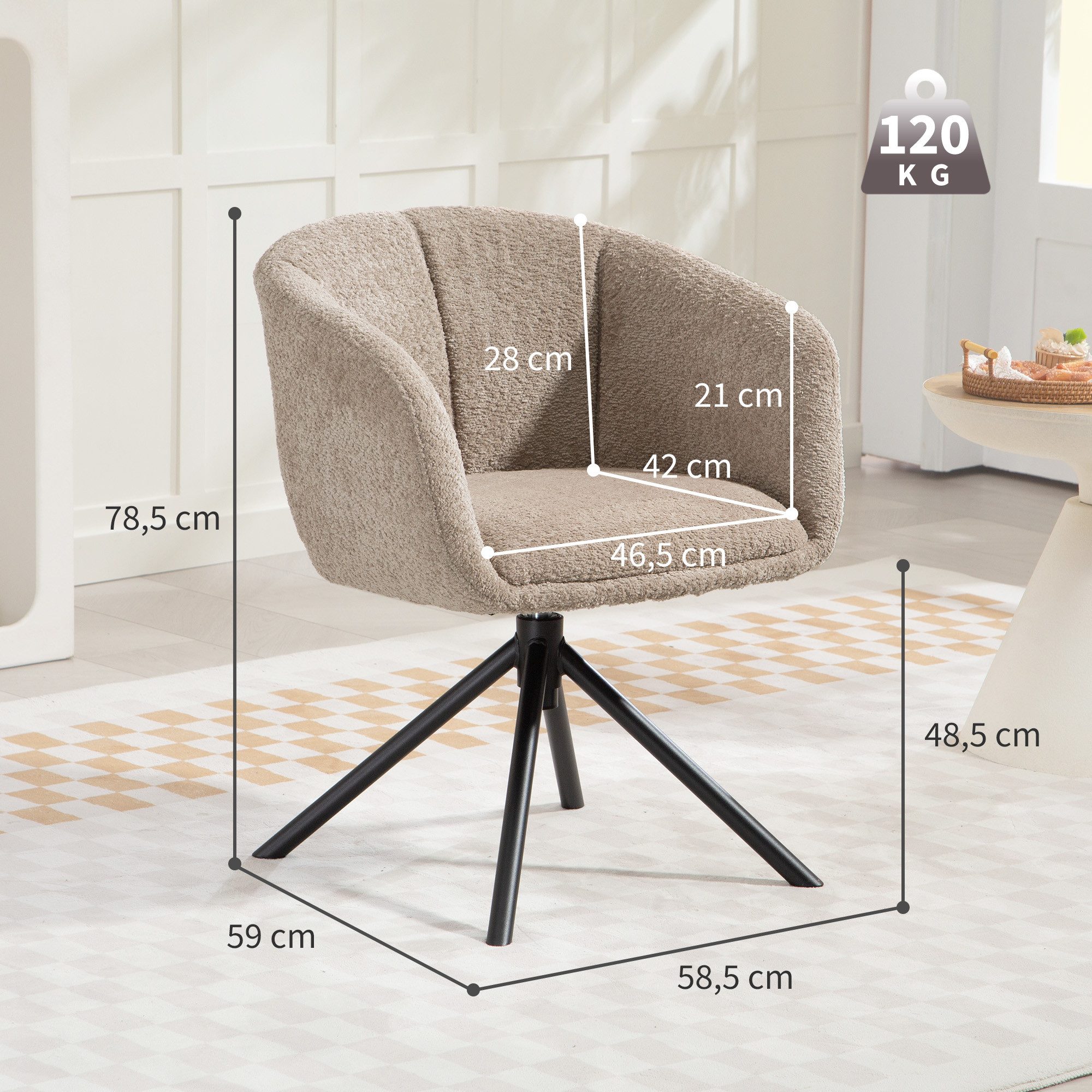 HOMCOM Relaxsessel Sessel Loungesessel mit Metallbeine Lesesessel mit Chenille-Optik (Polsterstuhl mit bequemer Sitzschale, 1-St., Drehbarer Akzentstuhl), kusch – Bild 3 von 5
