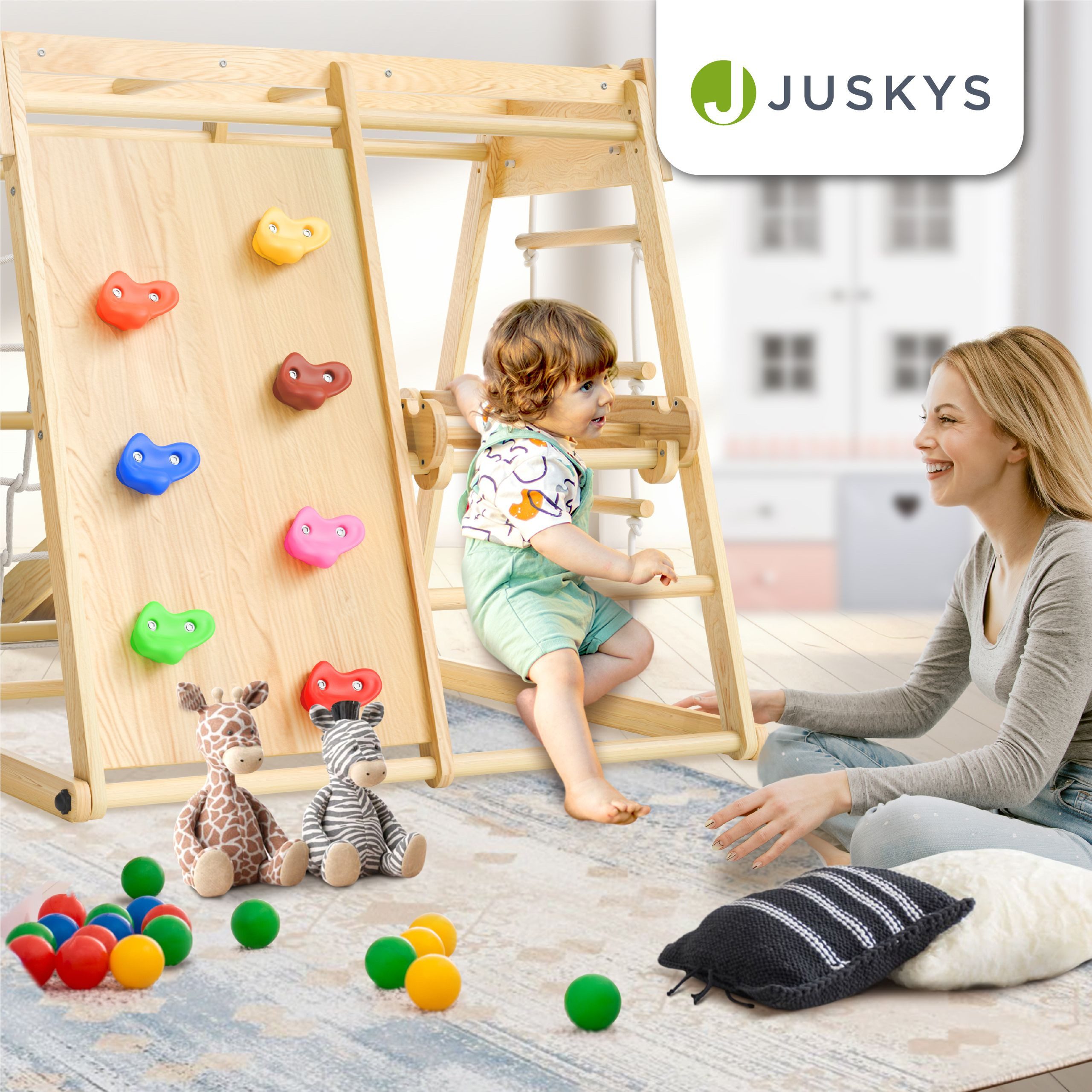 Juskys Klettergerüst Mini, für Kinder, Holz, Indoor Spielplatz klappbar, Rutsche & Kletterwand