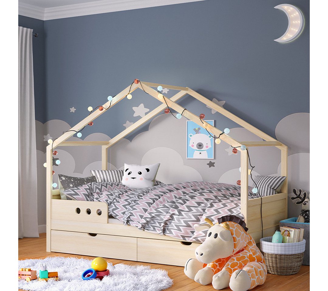 Bellabino Hausbett Bela 90x200 cm aus Massivholz Kiefer (natur mit 1 Schublade, optional mit Matratze), Kinderbett mit verstellbarem Rausfallschutz