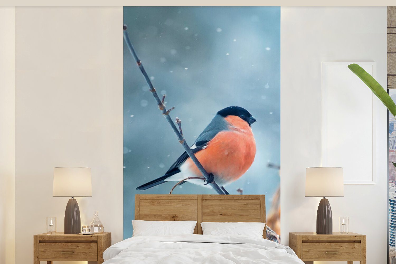 MuchoWow Fototapete Rotkehlchen - Vogel Herbstliche Küche, Vliestapete Schlafzimmer - für bedruckt, Schnee Fototapete (2 Blätter, - Wohnzimmer St), Matt