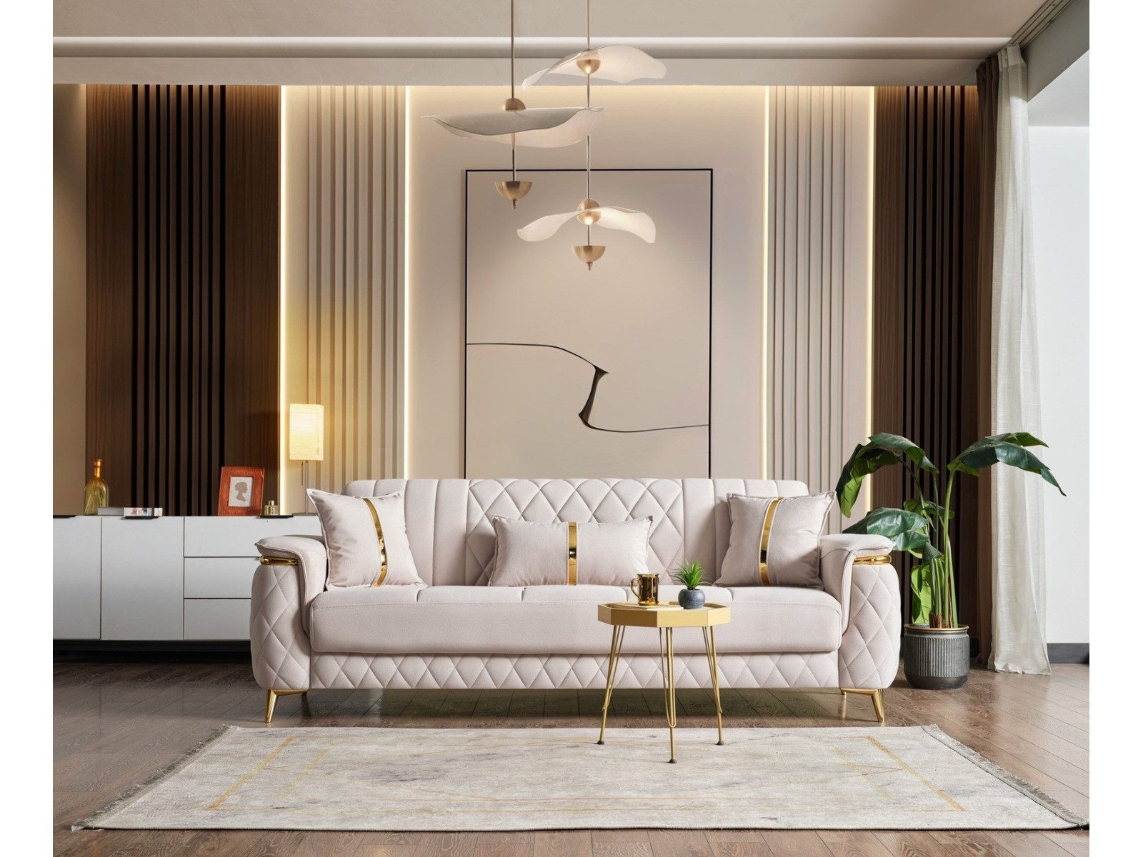 Villa Möbel Sofa Pasadena, 1 Einzelsofa 1 Teile, Beige 3er Sofa Schlaffunktion durch aufklappbare Sitzfläche
