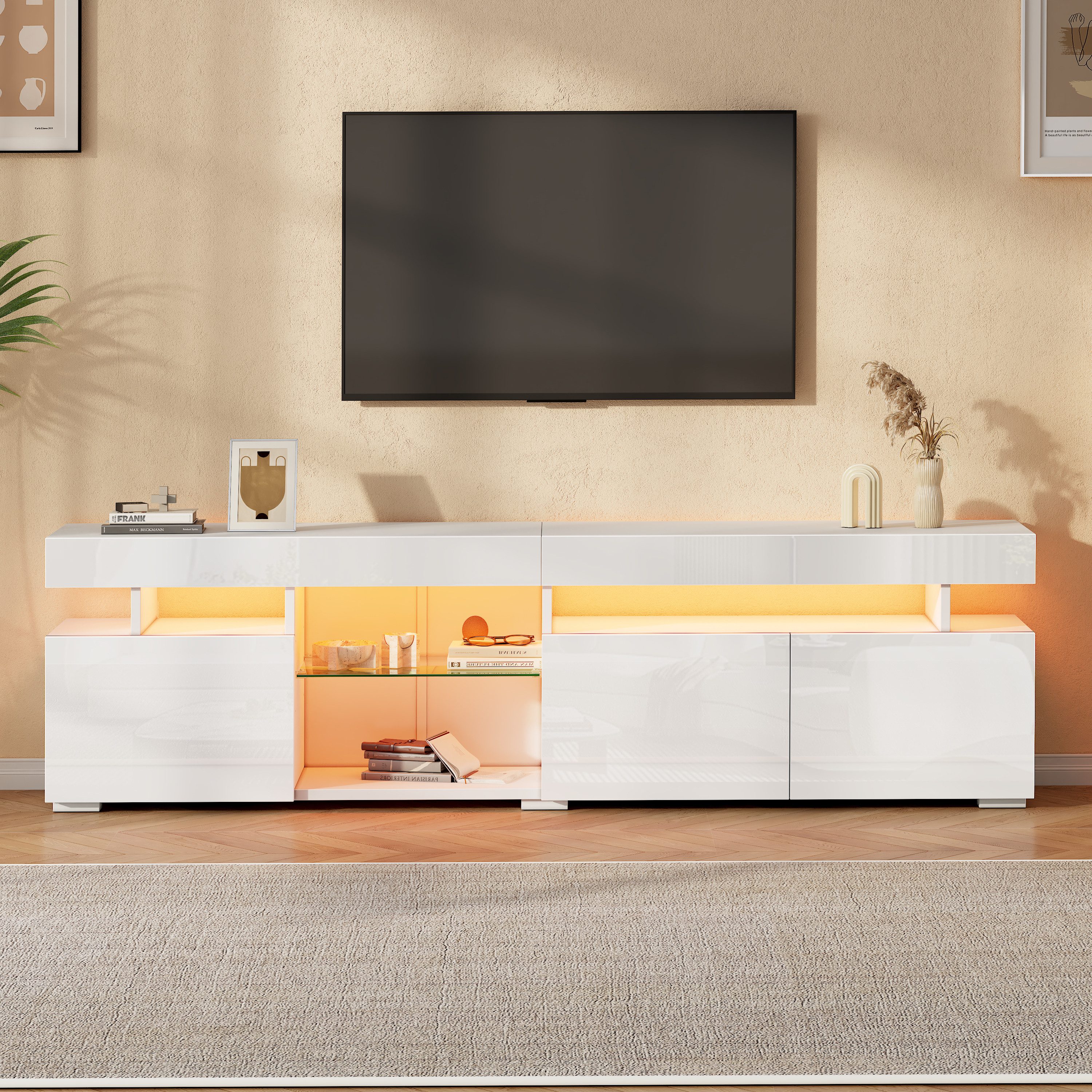 KLAM HOME Lowboard Weißer Hochglanz TV-Schrank 180cm für 80 Zoll mit 3 Türen & LED (Lowboard mit App-gesteuerter Beleuchtung & verstellbarem Glasfach), Moderner TV-Ständer mit viel Stauraum & Hochglanz-Optik für Wohnzimmer
