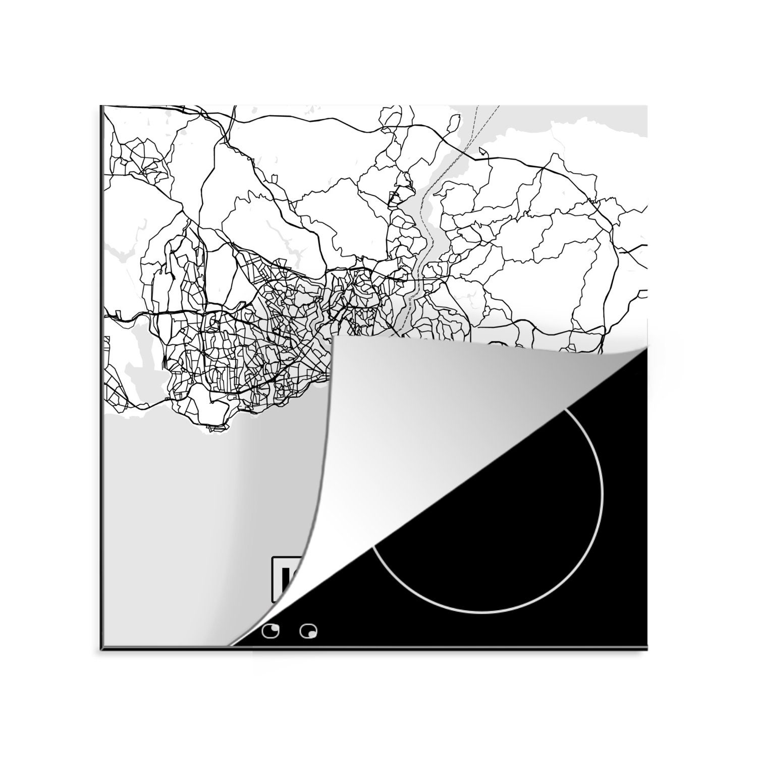 MuchoWow Herdblende-/Abdeckplatte Karte - Istanbul - Schwarz und weiß - Stadtplan, Vinyl, (1 tlg), 78x78 cm, Ceranfeldabdeckung, Arbeitsplatte für küche | Herdabdeckplatten