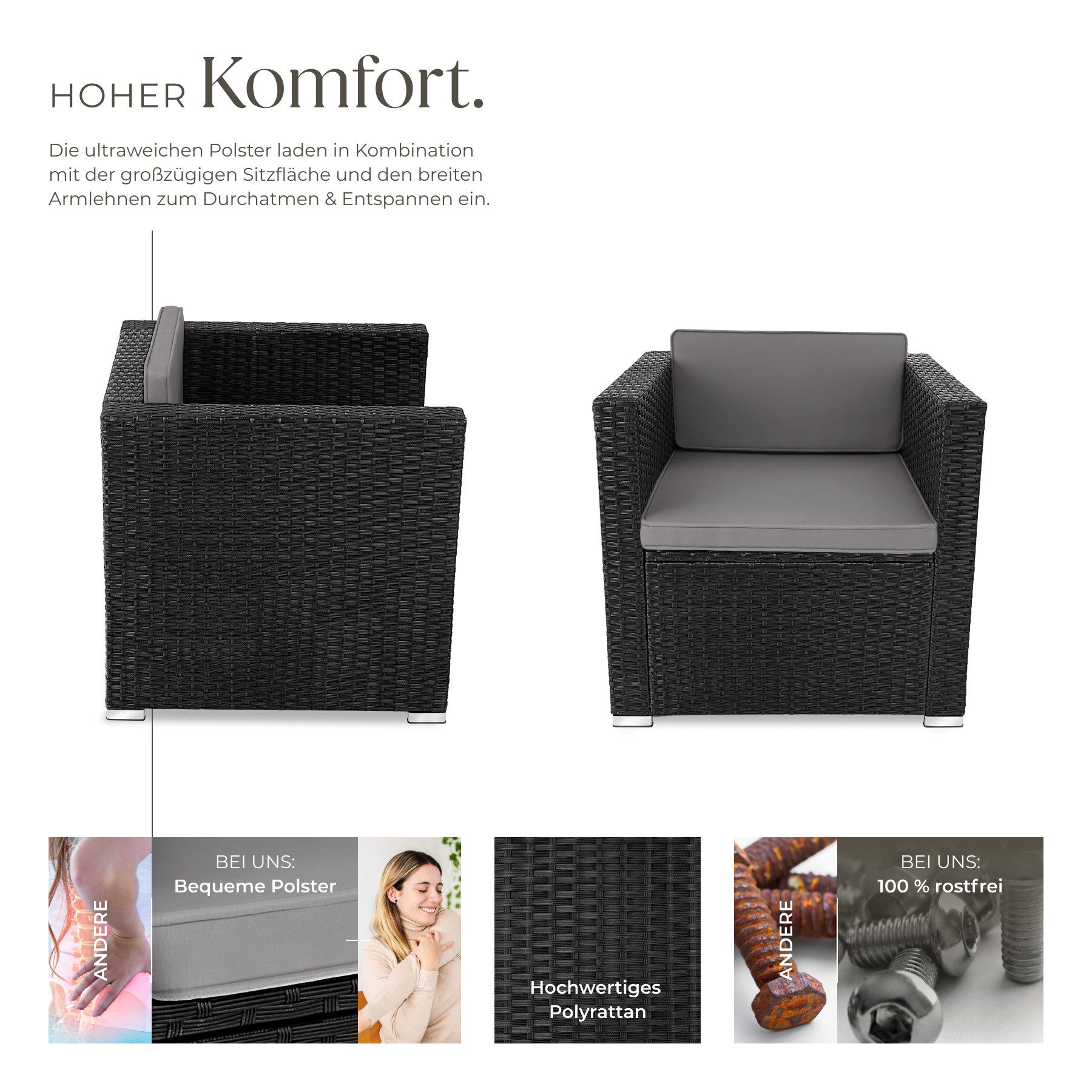 tectake Rattanstuhl Rattansessel (Set, 1 St), Feines Geflecht aus UV-beständigem Polyrattan
