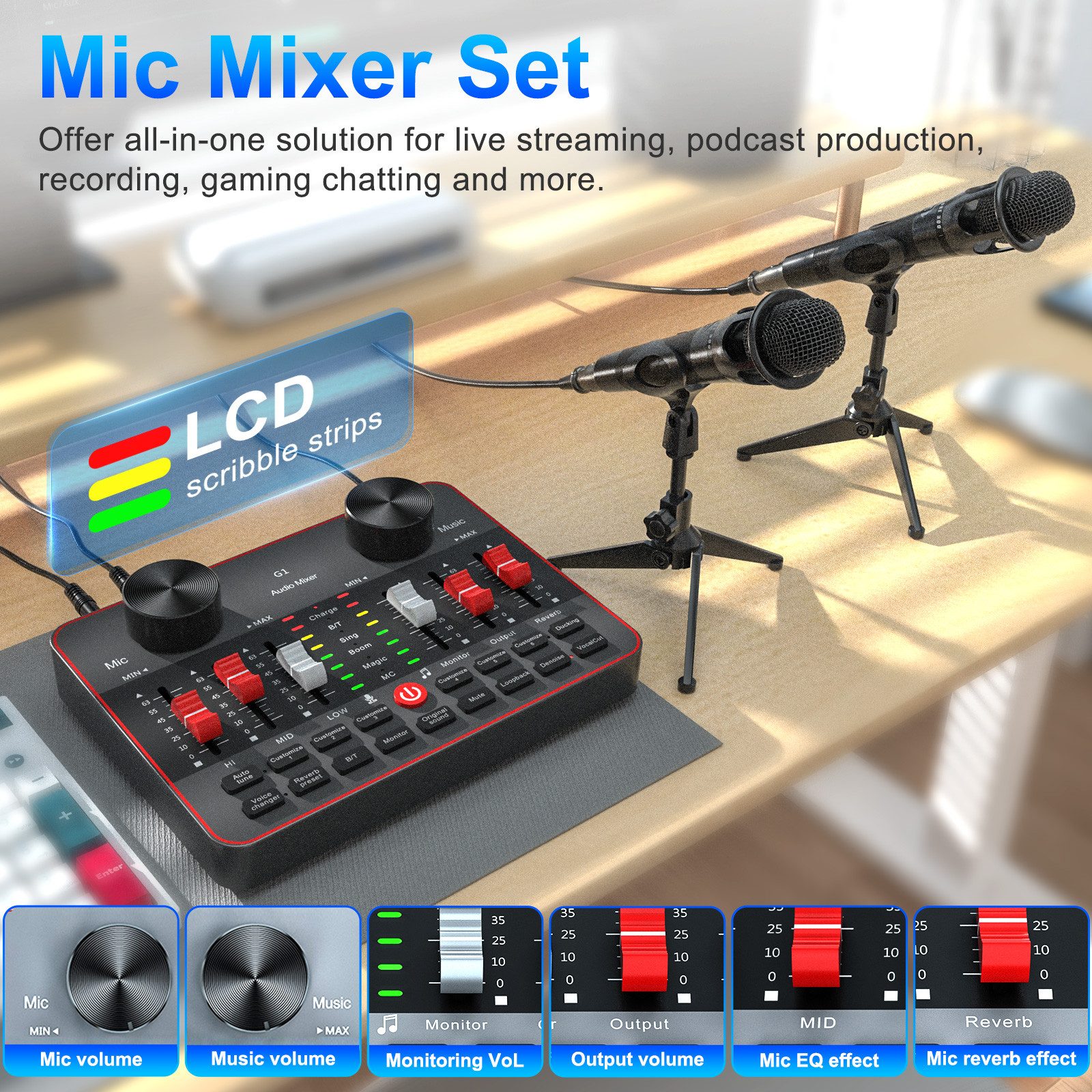 Tenlamp Podcast-Mikrofon-Set mit Soundkarte, Audio-Mixer für PC/Telefon Soundkarte 5.1 Kanäle, Set mit 2 Kondensatormikrofonen, Sprachwechsler, Rauschunterdrückung
