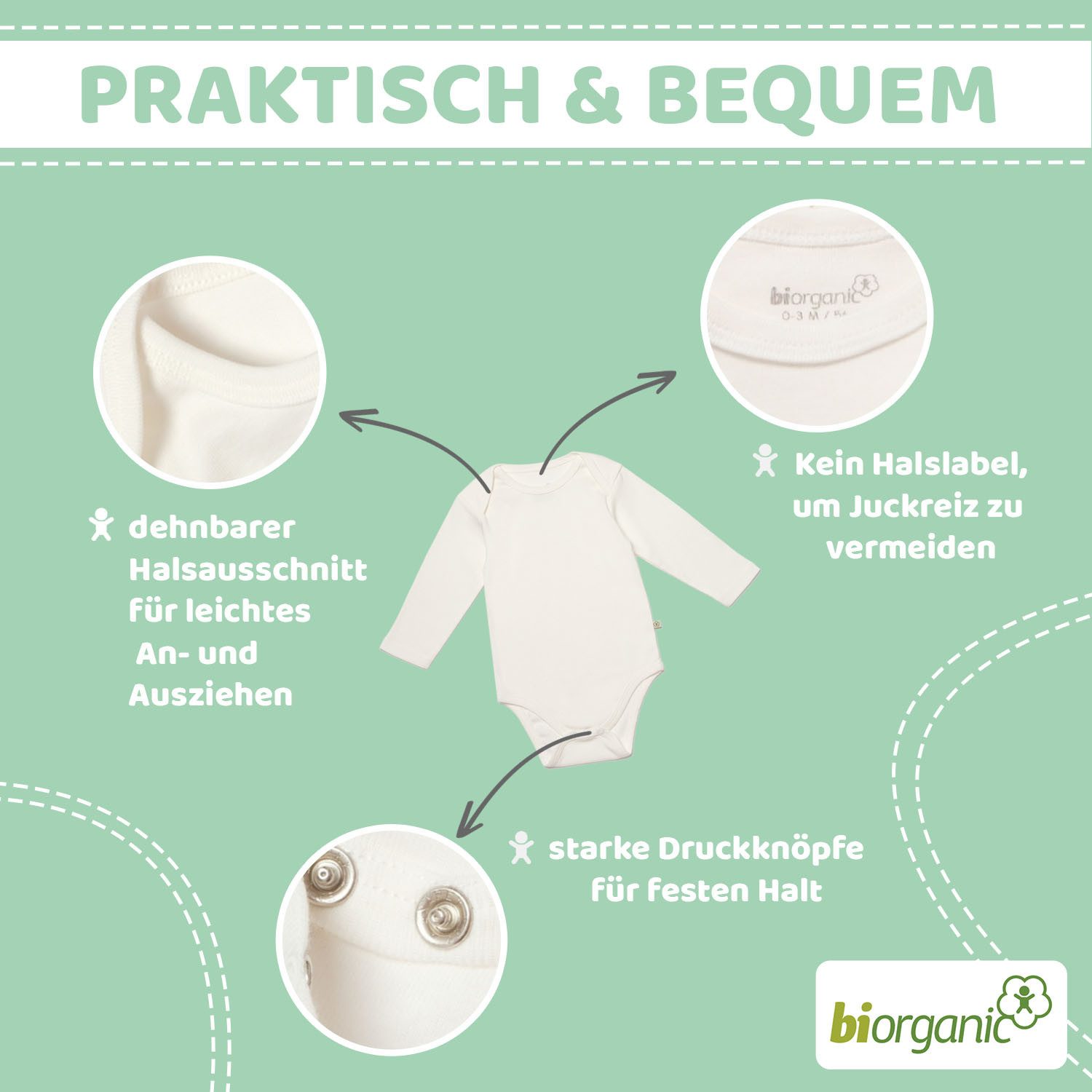 biorganic Langarmbody (5er Pack) für Jungen und Mädchen, Unisex, Mehrfarbig, Baby Body (Set, 6-tlg., 5er-Pack Bodys & 1 Beutel) Langarm, 100% Bio-Baumwolle, GOTS-zert., mit praktischen Druckknöpfen