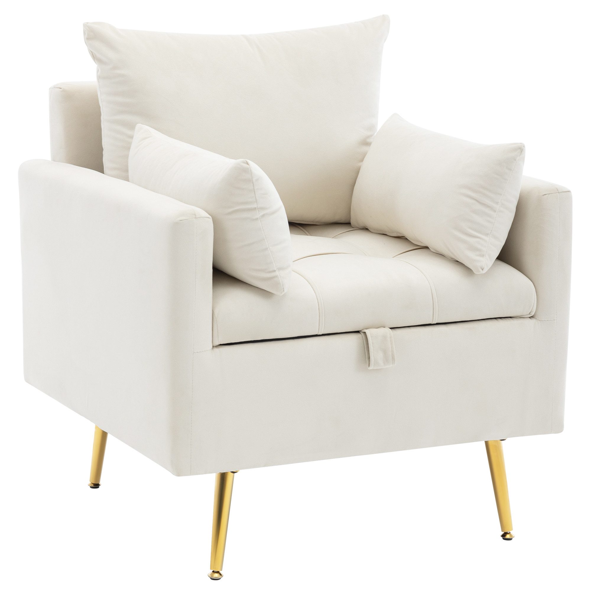 DOPWii Loungesessel Minimalistischer Samtstuhl,Sessel,Ottomane mit Stauraum, Dekokissen und Armlehnen-Loungesessel mit goldenen Metallbeinen