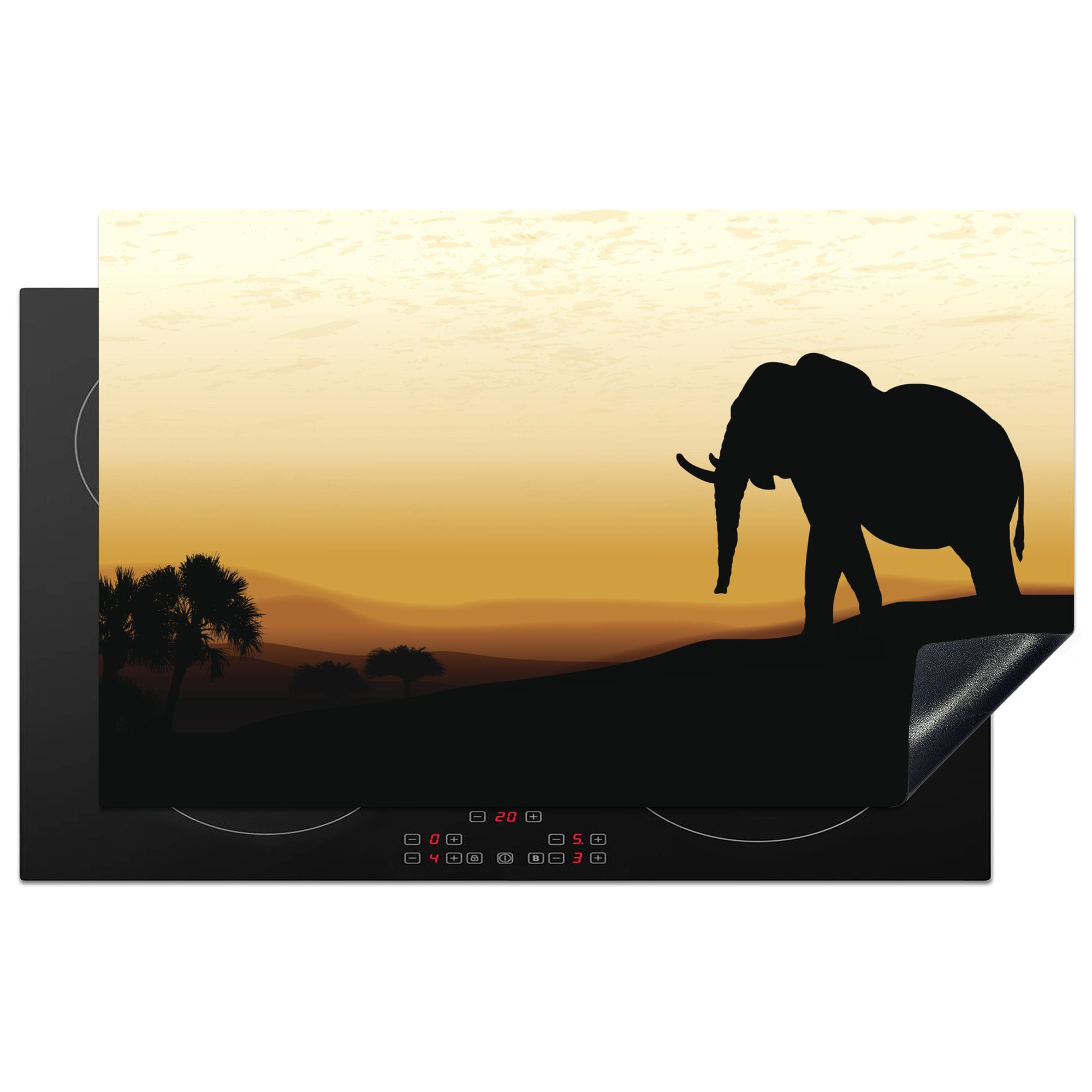 Elefanten afrikanischen küche tlg), MuchoWow Illustration Arbeitsplatte (1 Eine bei cm, Vinyl, für Herdblende-/Abdeckplatte Ceranfeldabdeckung, eines 83x51 Sonnenuntergang,