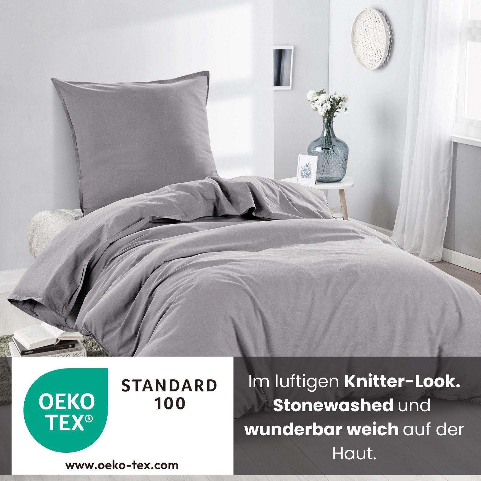 wometo Bettwäsche Stone Washed 135x200 Renforcé, Baumwolle, 2 teilig, OEKO-TEX®, 100% Baumwolle, Bettwäsche im Knitterlook mit Stehsaum – Bild 4 von 5
