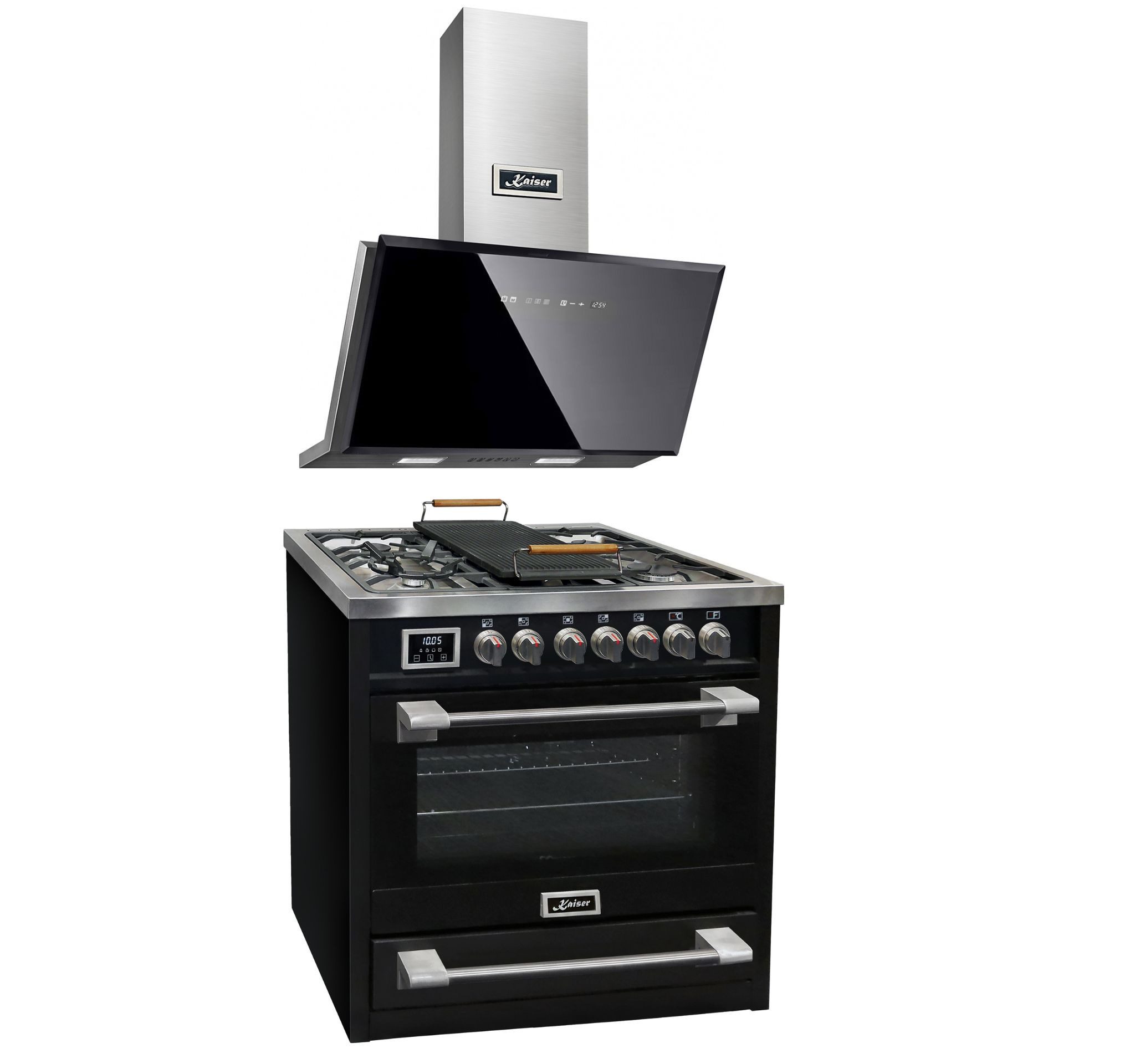 Kaiser Küchengeräte Gasherd-Set Gas Elektro Standherd 90 cm, 115L+Dunstabzugshaube 90cm HGE 93505 s+AT 9430 F ECO., mit 1-fach-Teleskopauszug