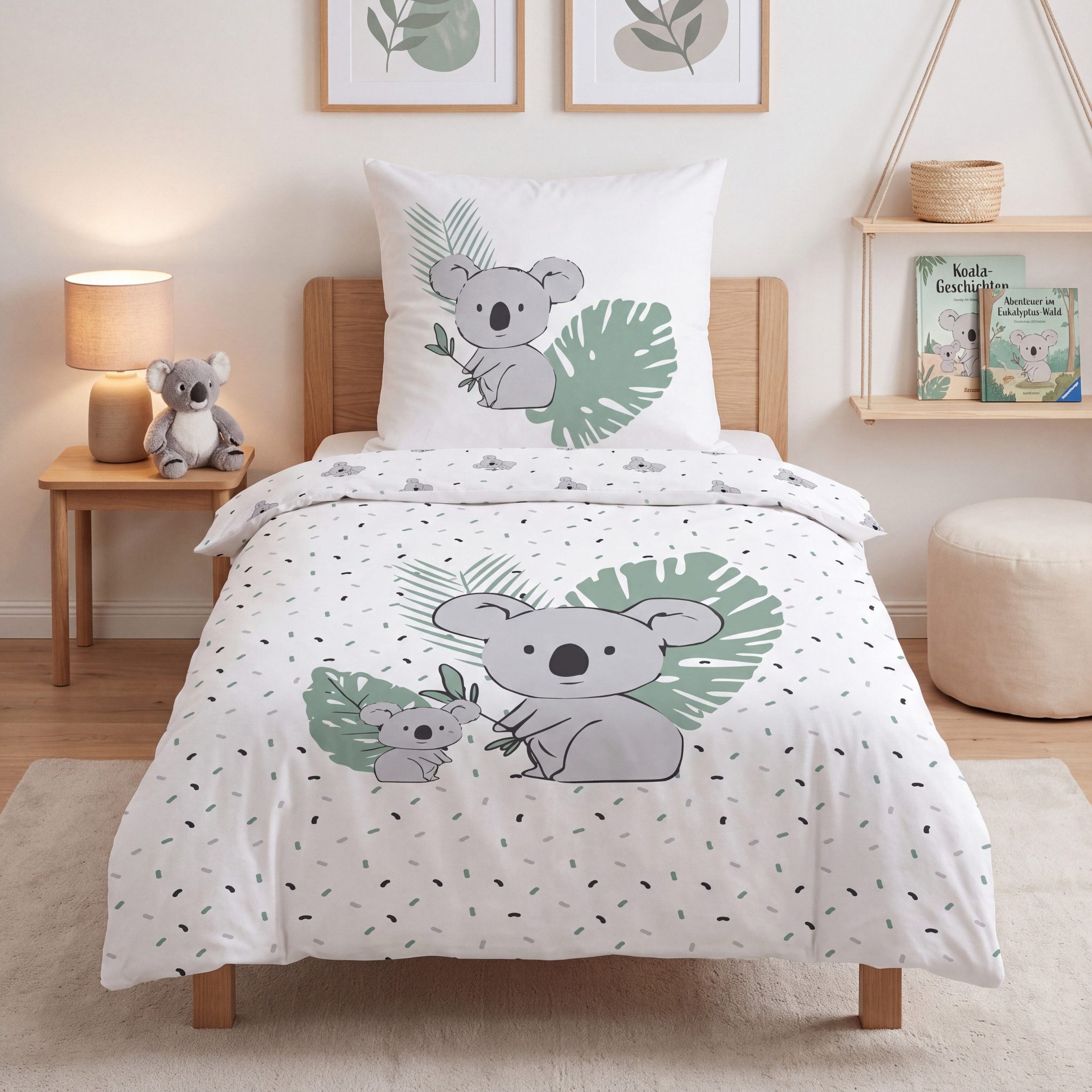 MTOnlinehandel Kinderbettwäsche Mia & Max Biber/ Flanell in 135x200 + 80x80 cm, Koala, 100% Baumwolle, 2 teilig, kuschelig, weich für Herbst und Winter, Eukalyptus