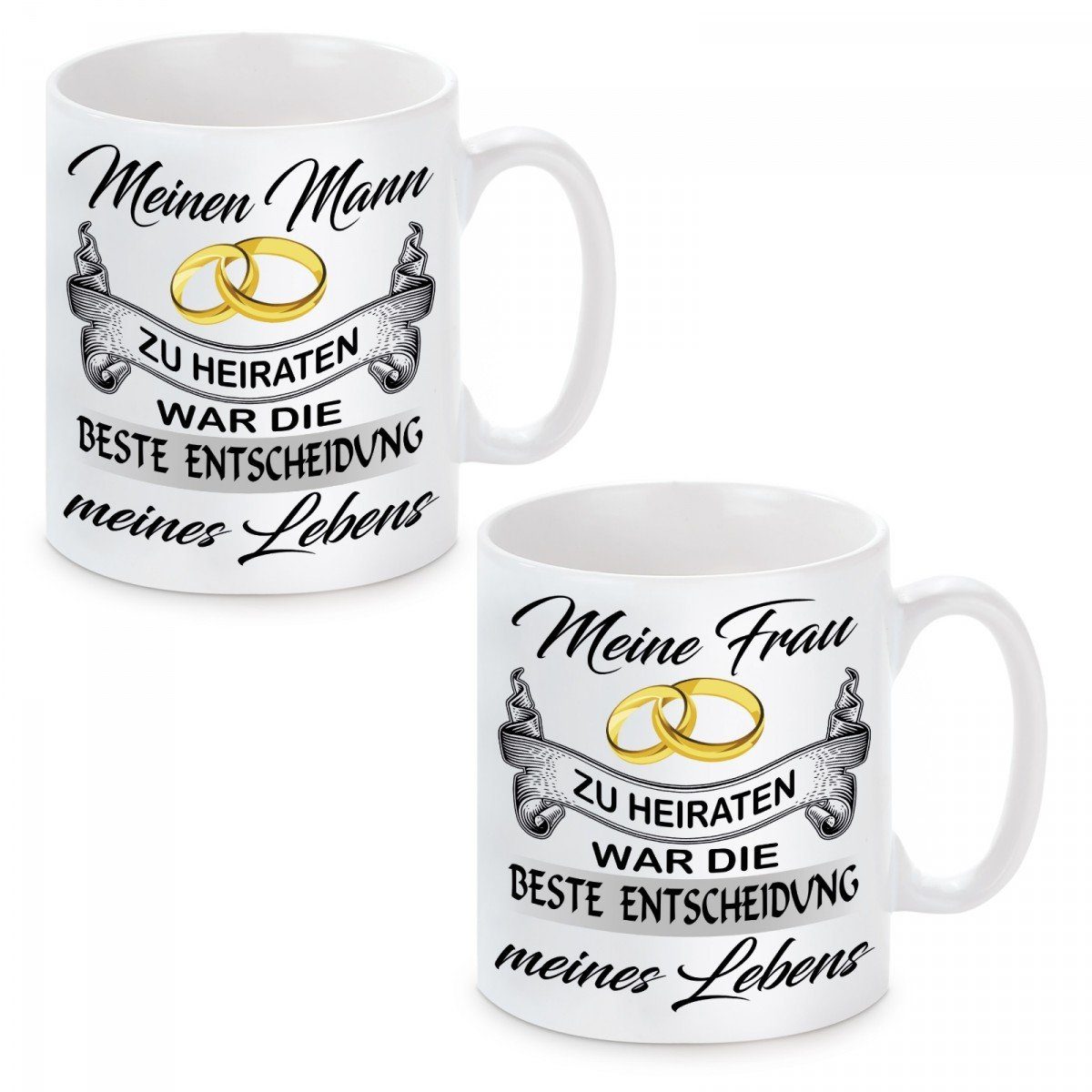 Herzbotschaft Tasse Kaffeebecher 2er Set mit Motiv Meine Frau-Meinen Mann zu heiraten, Keramik, Kaffeetasse spülmaschinenfest und mikrowellengeeignet