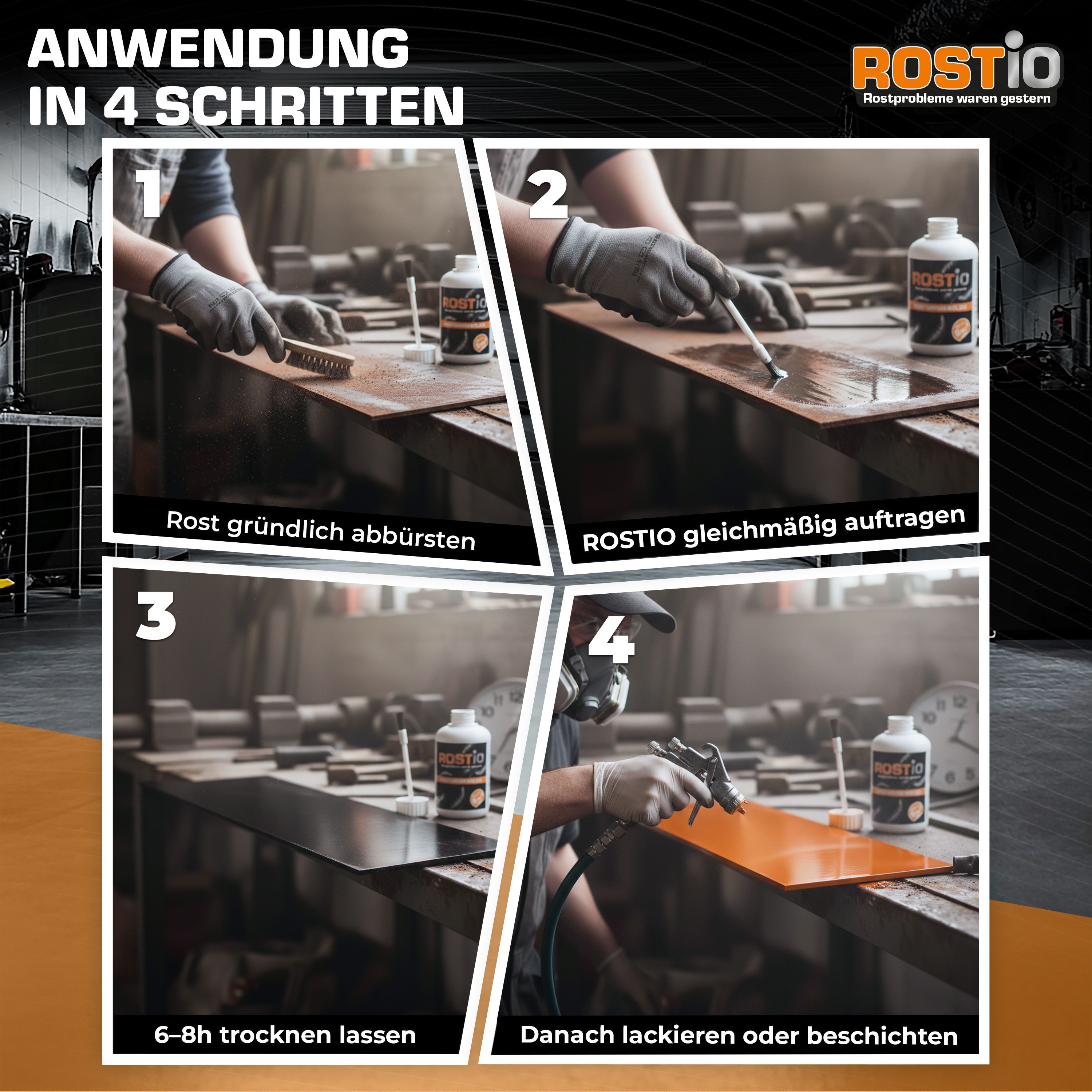 Rostio Rostschutzgrundierung Rostio Rostumwandler & Grundierung, Rostkonverter mit Pinsel 250 ml, {Rostumwandler & Grundierung in einem. Kein abwaschen erforderlich.}