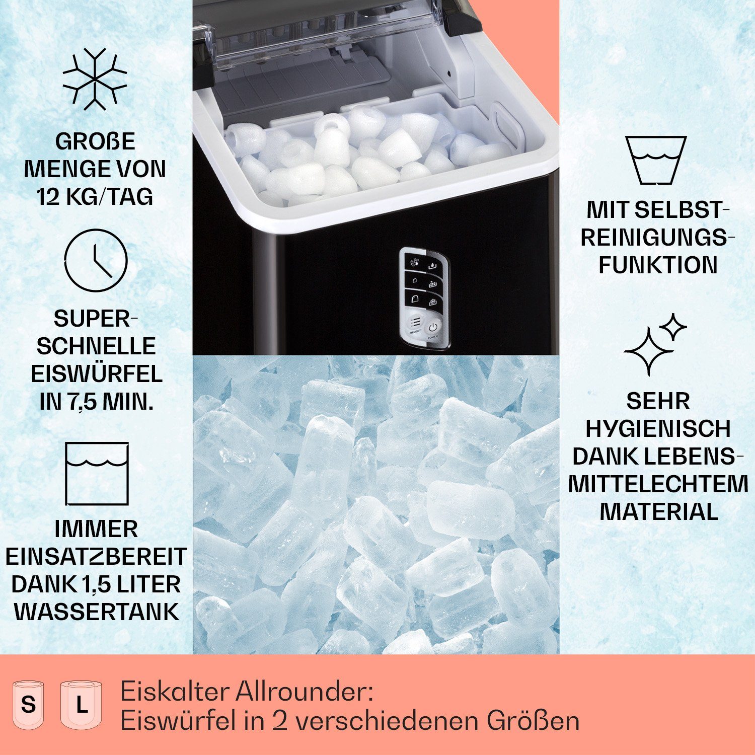 Klarstein Eiswürfelmaschine Albaron Eismaschine 12 kg/24h 1,5L Bullet-Eis 2 Größen 9/7,5 Min. LCD, Ice Maker Eiswürfelbereiter Bullet-Eis für 9 Würfel pro Zyklus
