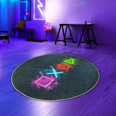 Teppich Gaming Teppich mit neonfarbigen Symbolen auf schwarzem Hintergrund, Teppich-Traum, Rund, Höhe: 5 mm