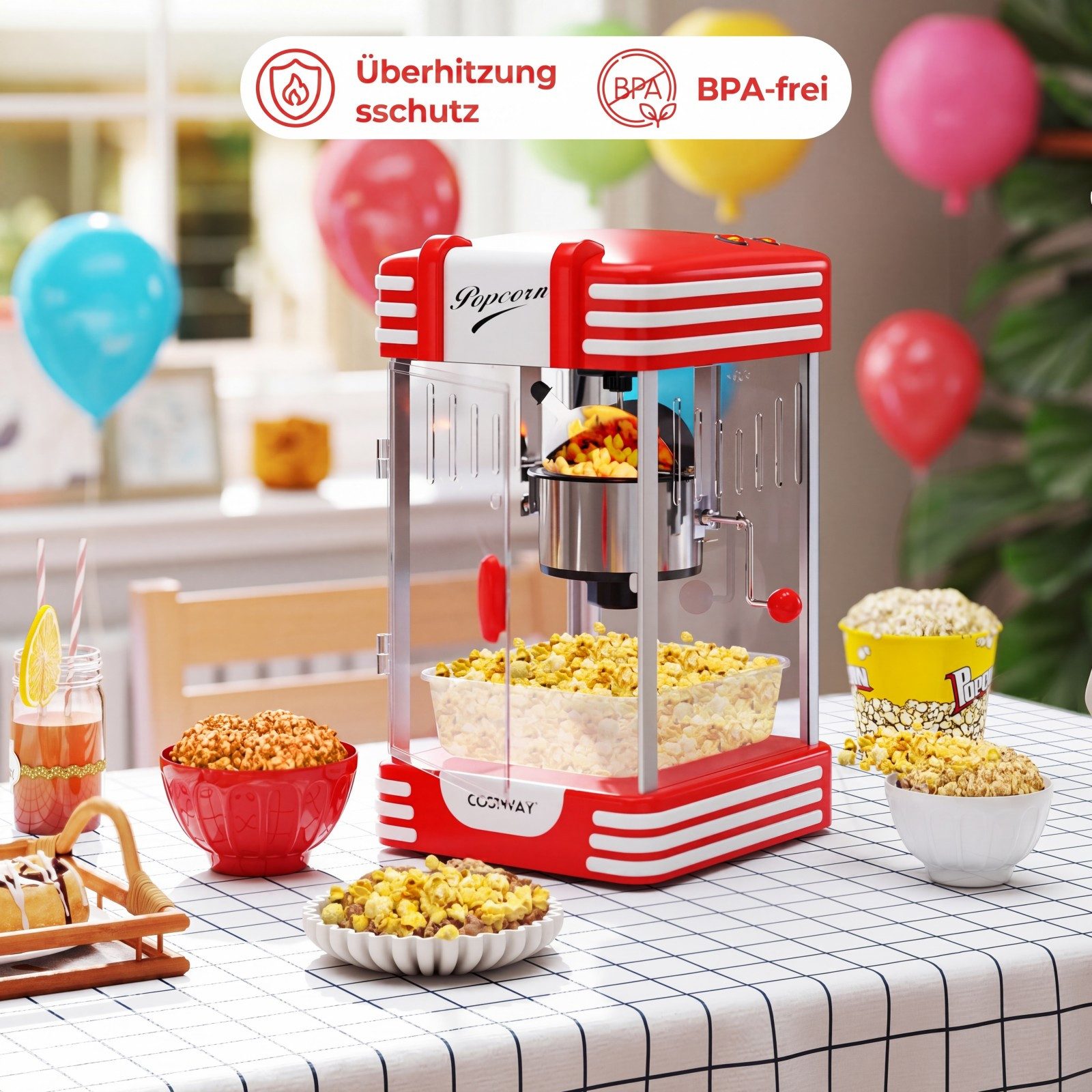 COSTWAY Popcornmaschine, Retro Popcornmaker mit Warmhaltelicht & Handkurbel
