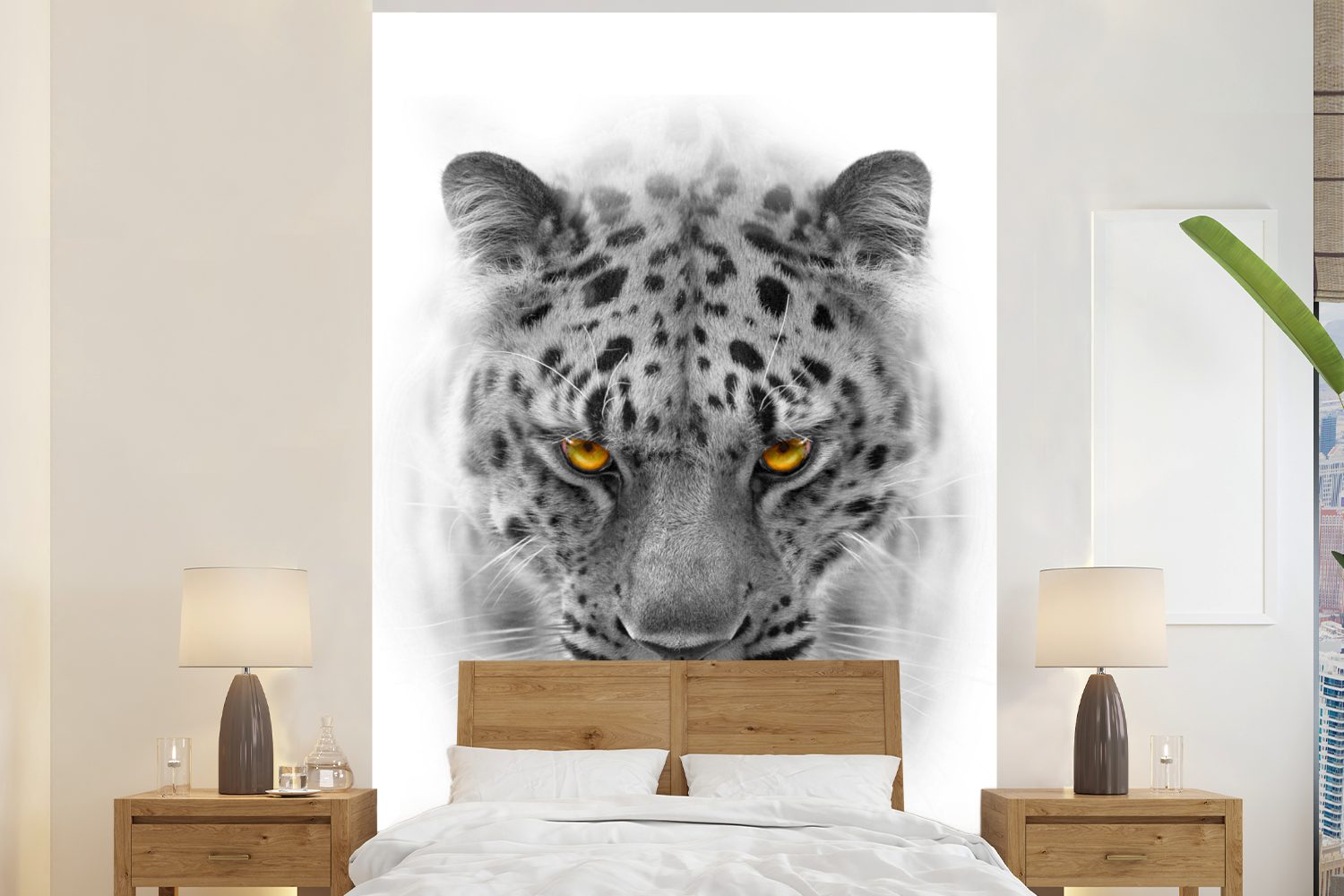 MuchoWow Fototapete Leopard - Schwarz - Weiß - Tier, Matt, bedruckt, (3 St), Montagefertig Vinyl Tapete für Wohnzimmer, Wandtapete