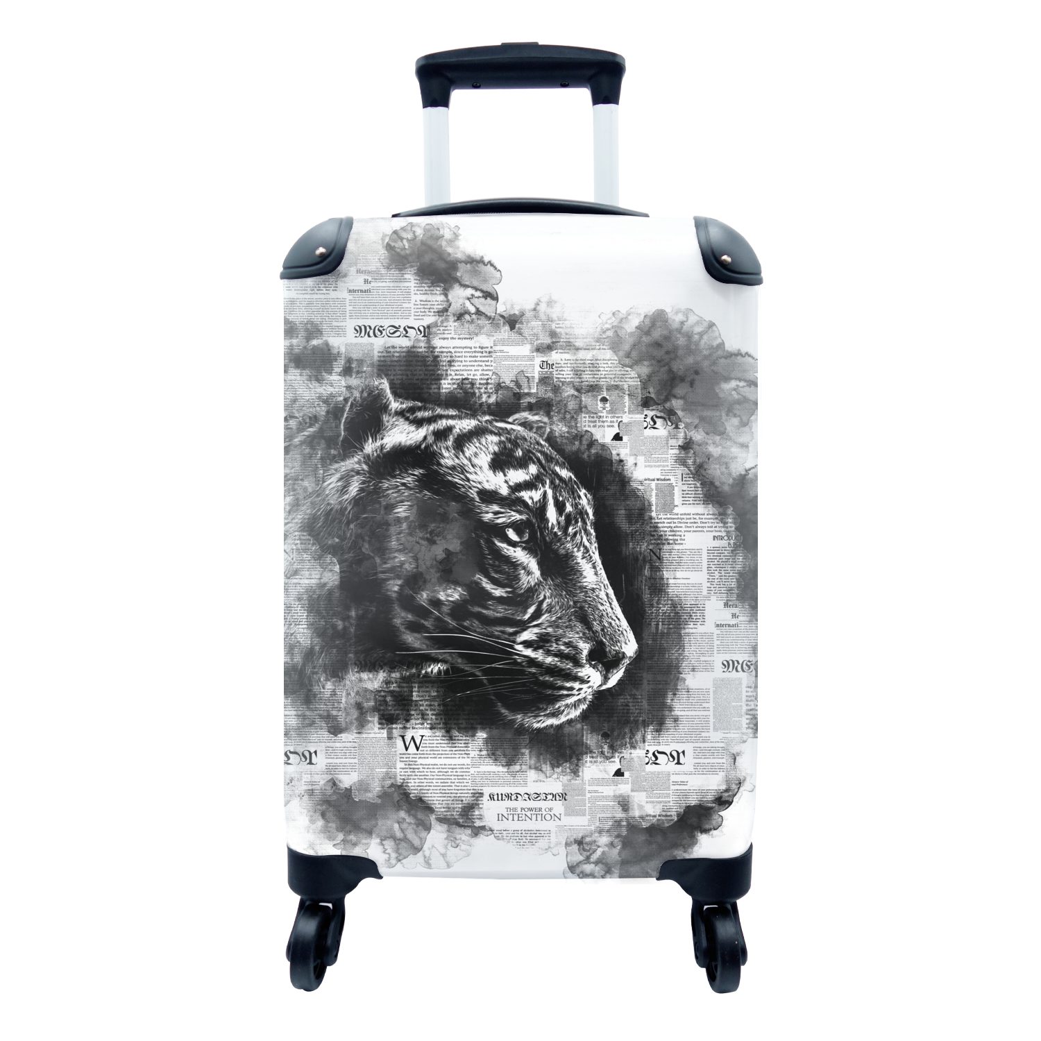 MuchoWow Handgepäckkoffer Kopf eines Tigers auf einer Zeitung Hintergrund - schwarz und weiß, 4 Rollen, Reisetasche mit rollen, Handgepäck für Ferien, Trolley, Reisekoffer