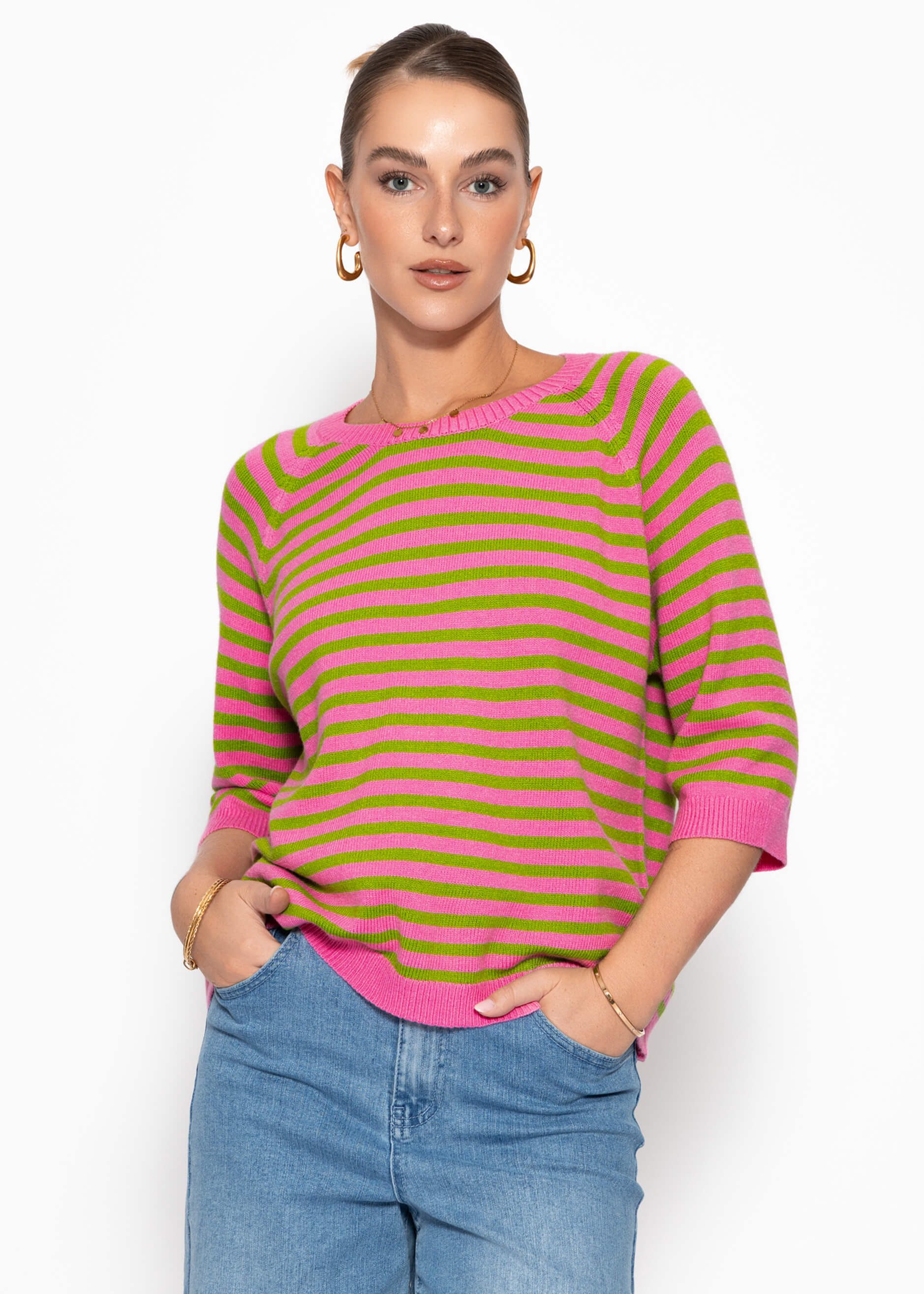 SASSYCLASSY Strickpullover Gestreiftes Viskose-Strickoberteil Damen Lässiger Feinstrickpullover mit halblangen Ärmeln in lockerem Schnitt
