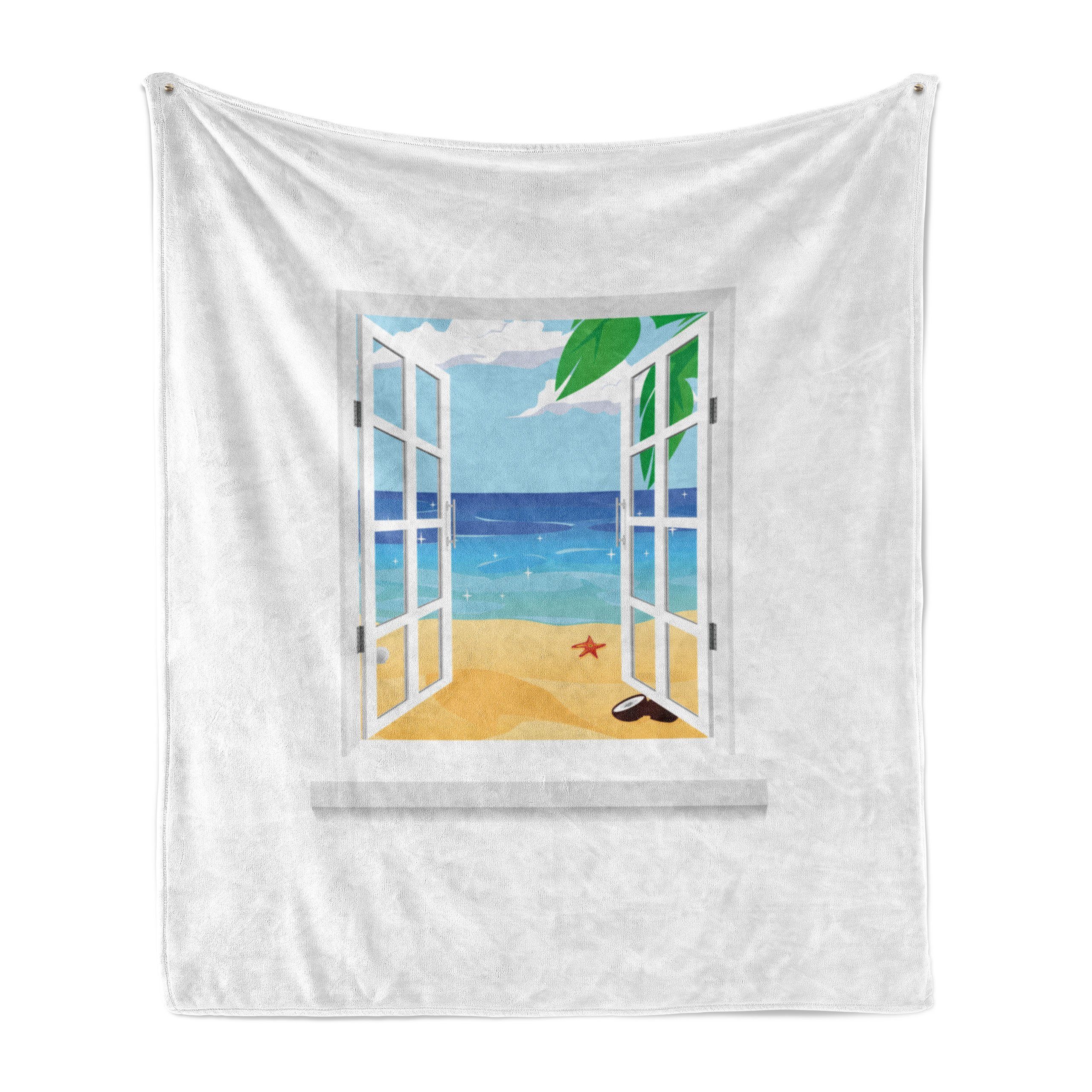 Wohndecke Gemütlicher Plüsch für den Innen- und Außenbereich, Abakuhaus, Strand Fenster-Ansicht Ozean-Blätter
