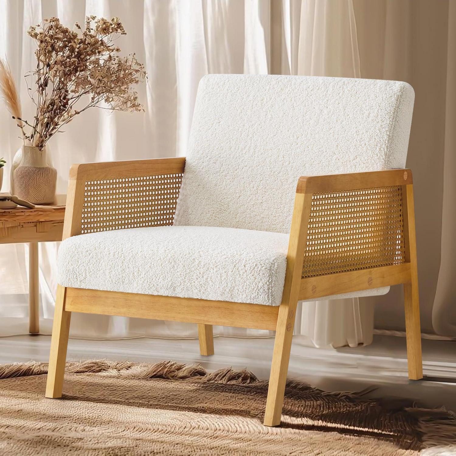 LuxusKollektion Ohrensessel Ohrensessel Polstersessel Boucle Holzrahmen Wohnzimmer Weiß 1 Stück