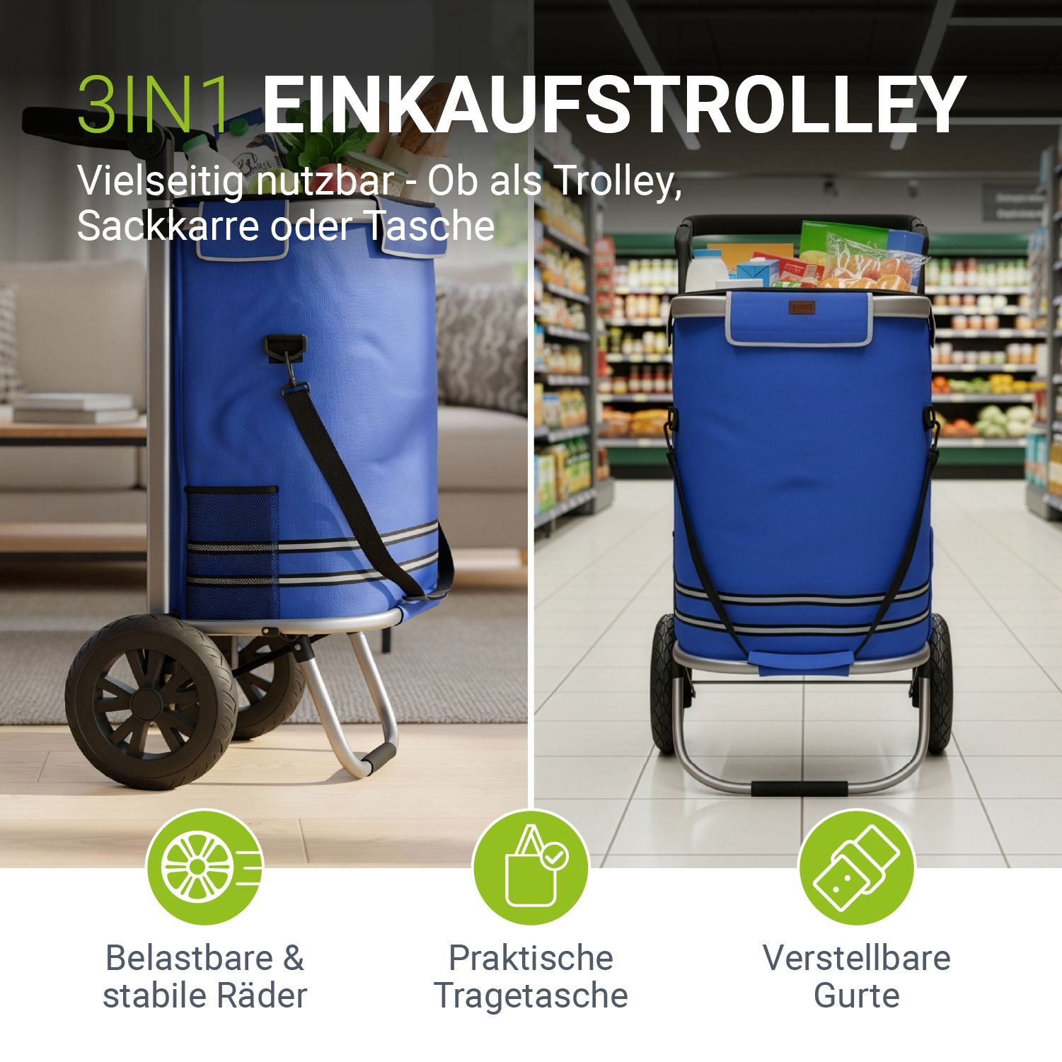 Juskys Einkaufstrolley 3in1, 56 l, mit 2 Rollen und Kühlfach, klappbar und modern, auch als Sackkarre
